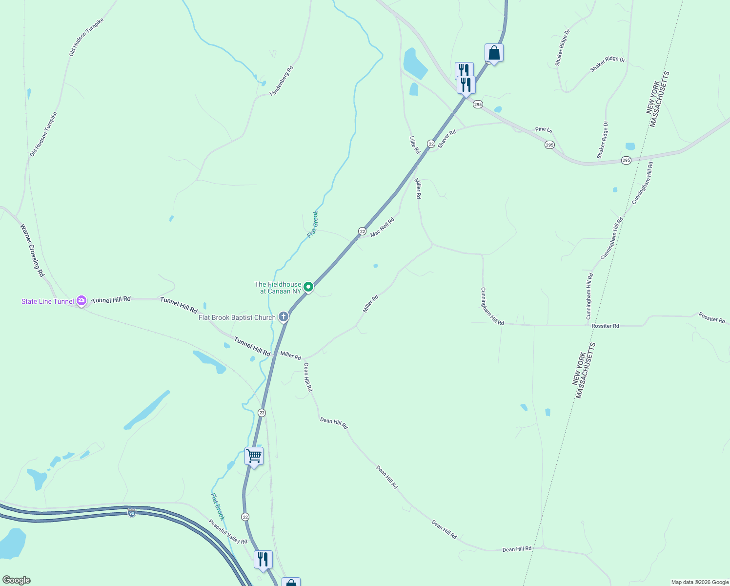 map of restaurants, bars, coffee shops, grocery stores, and more near 95 Miller Rd in Canaan