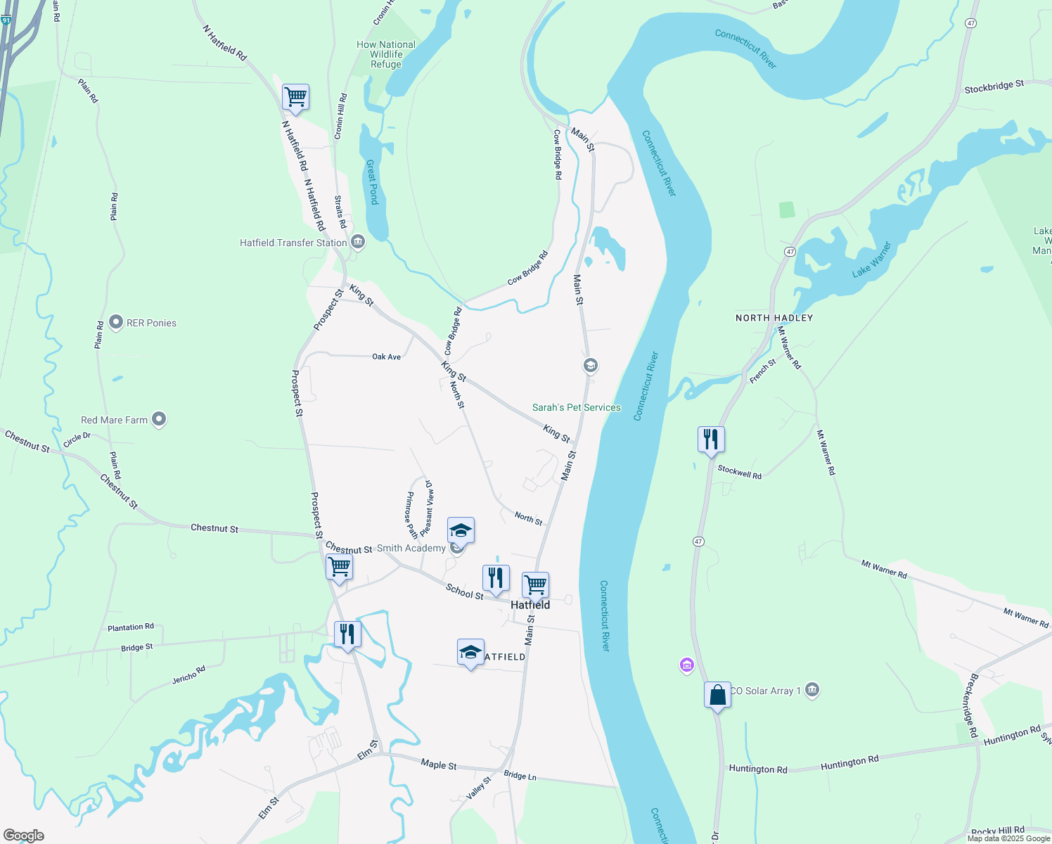 map of restaurants, bars, coffee shops, grocery stores, and more near 11 King Street in Hatfield