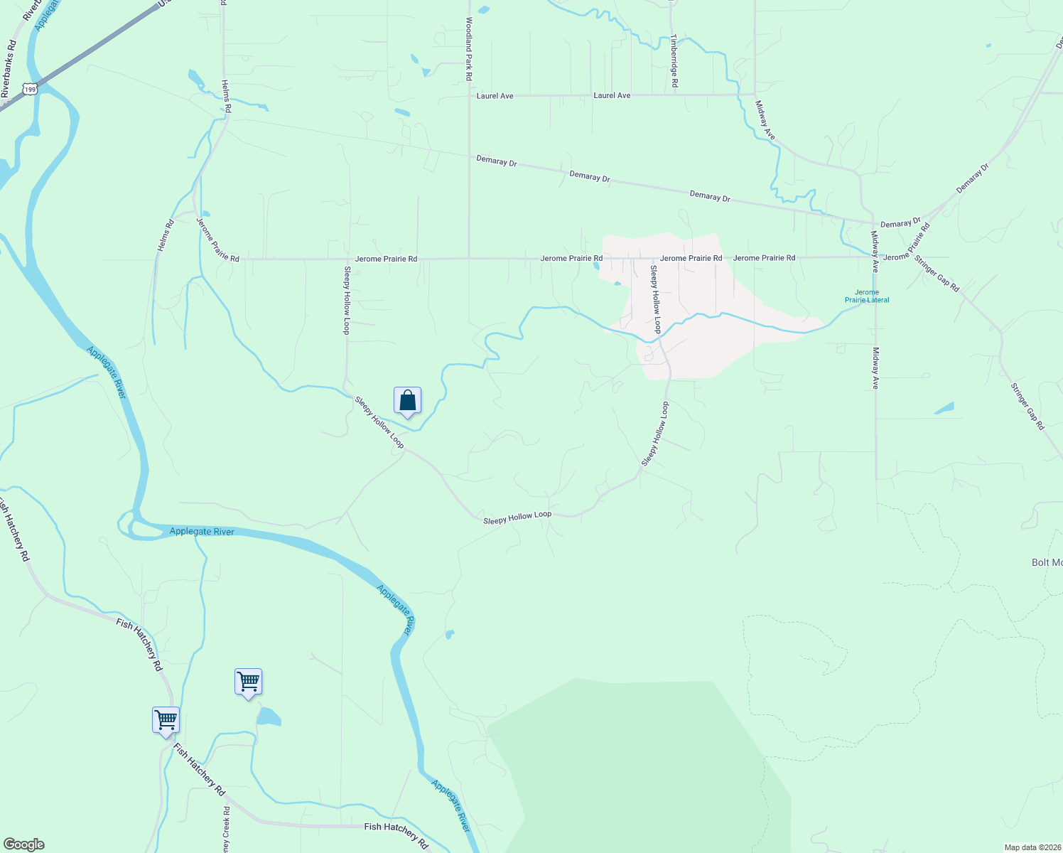 map of restaurants, bars, coffee shops, grocery stores, and more near 4091 Woodland Park Road in Grants Pass