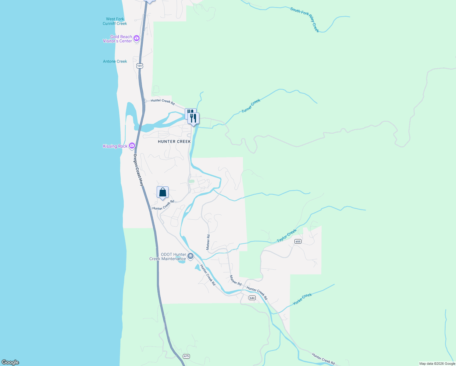 map of restaurants, bars, coffee shops, grocery stores, and more near Mateer Road in Gold Beach