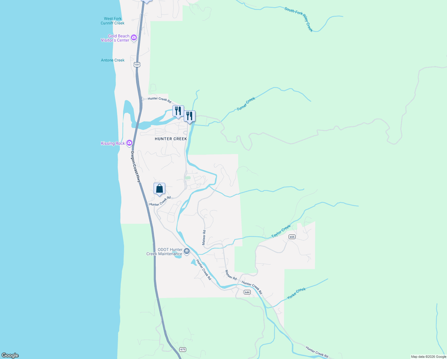 map of restaurants, bars, coffee shops, grocery stores, and more near 28627 Mateer Road in Gold Beach
