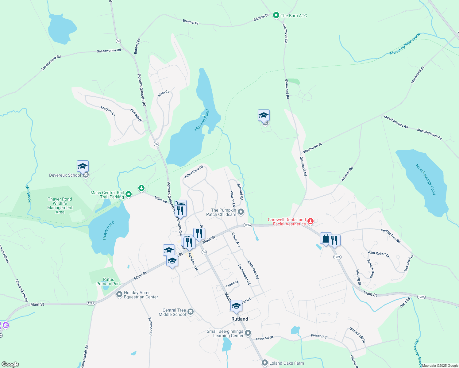 map of restaurants, bars, coffee shops, grocery stores, and more near 26 Watson Ln in Rutland