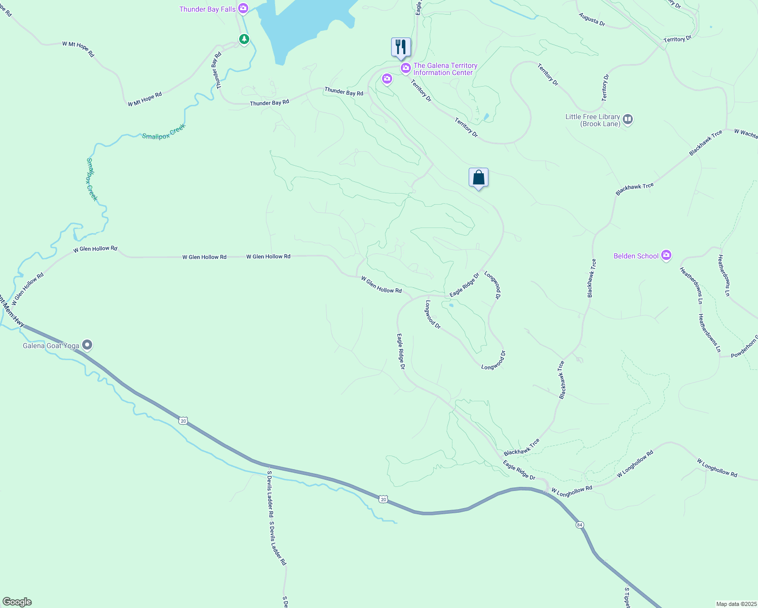 map of restaurants, bars, coffee shops, grocery stores, and more near 106 West Glen Hollow Road in Galena