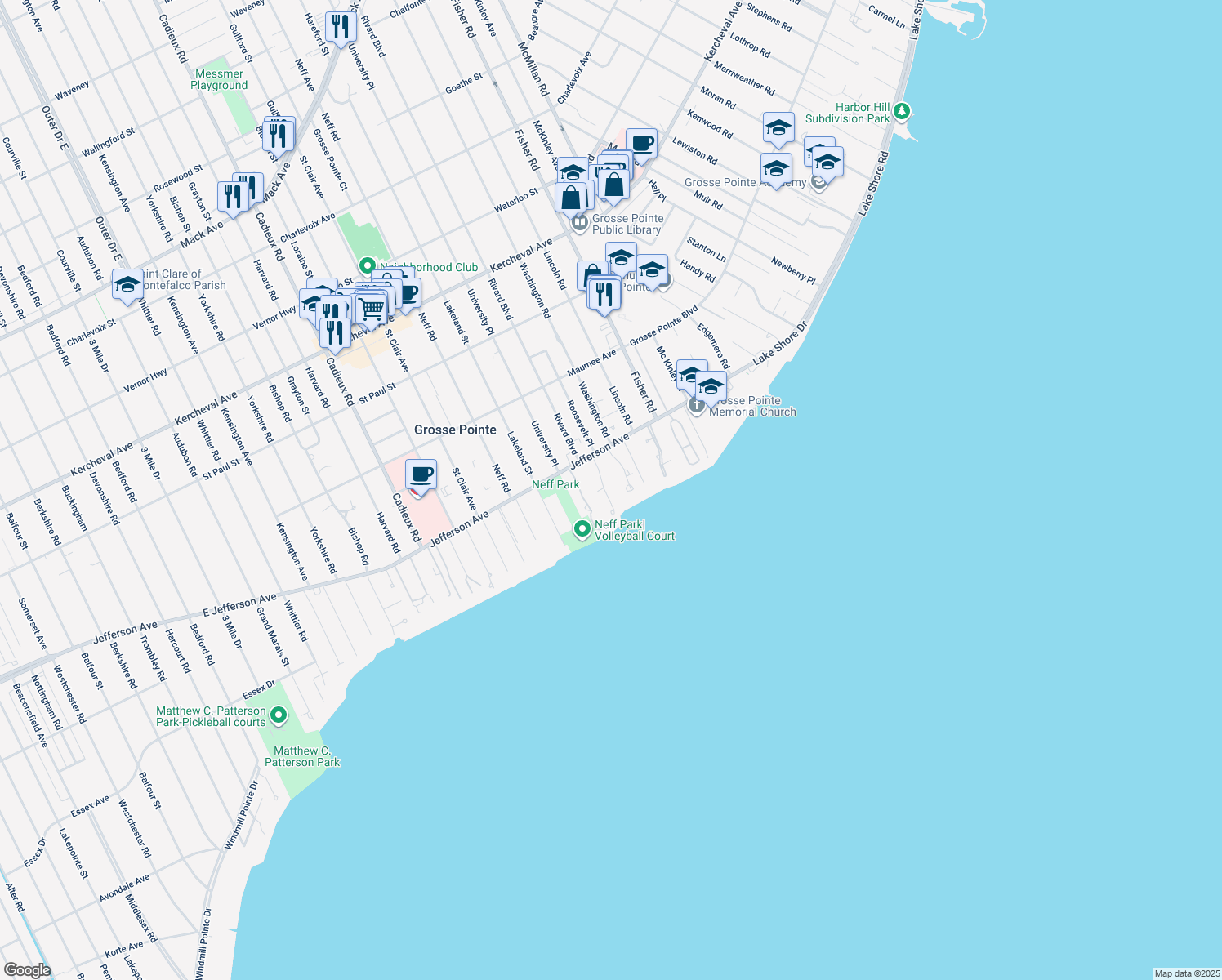 map of restaurants, bars, coffee shops, grocery stores, and more near 6 Cameron Place in Grosse Pointe