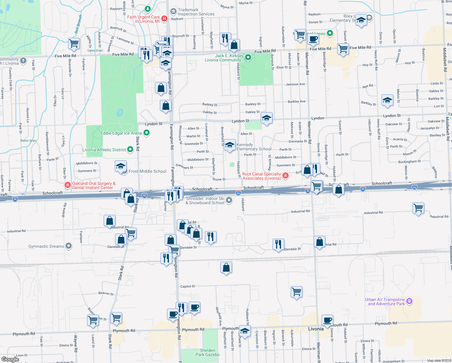 map of restaurants, bars, coffee shops, grocery stores, and more near 32531 Scone Street in Livonia
