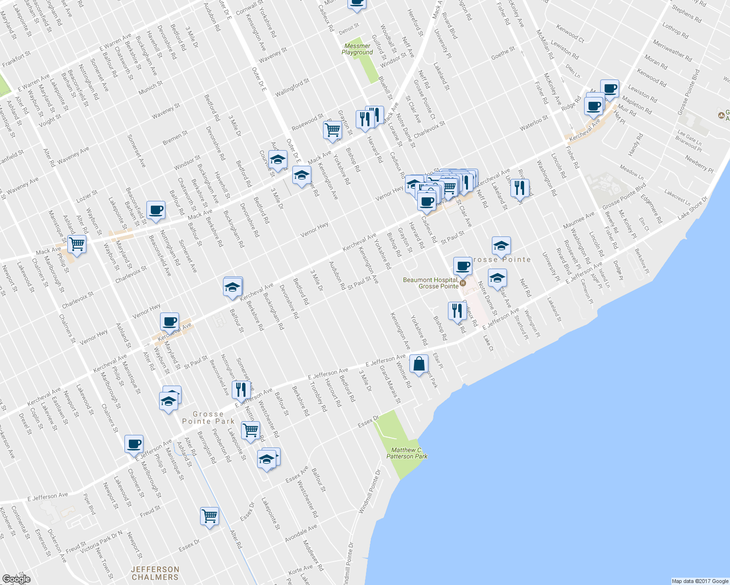 map of restaurants, bars, coffee shops, grocery stores, and more near 1048 Whittier Road in Grosse Pointe Park