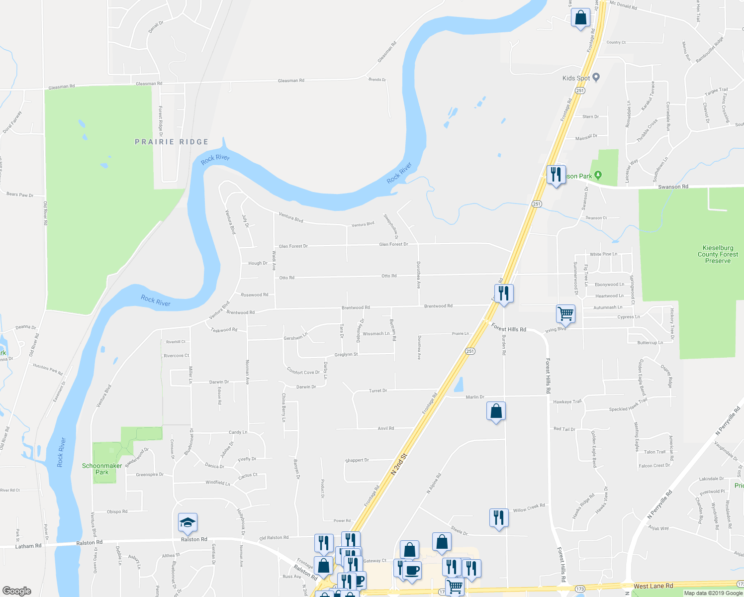 map of restaurants, bars, coffee shops, grocery stores, and more near 824 Brentwood Road in Machesney Park