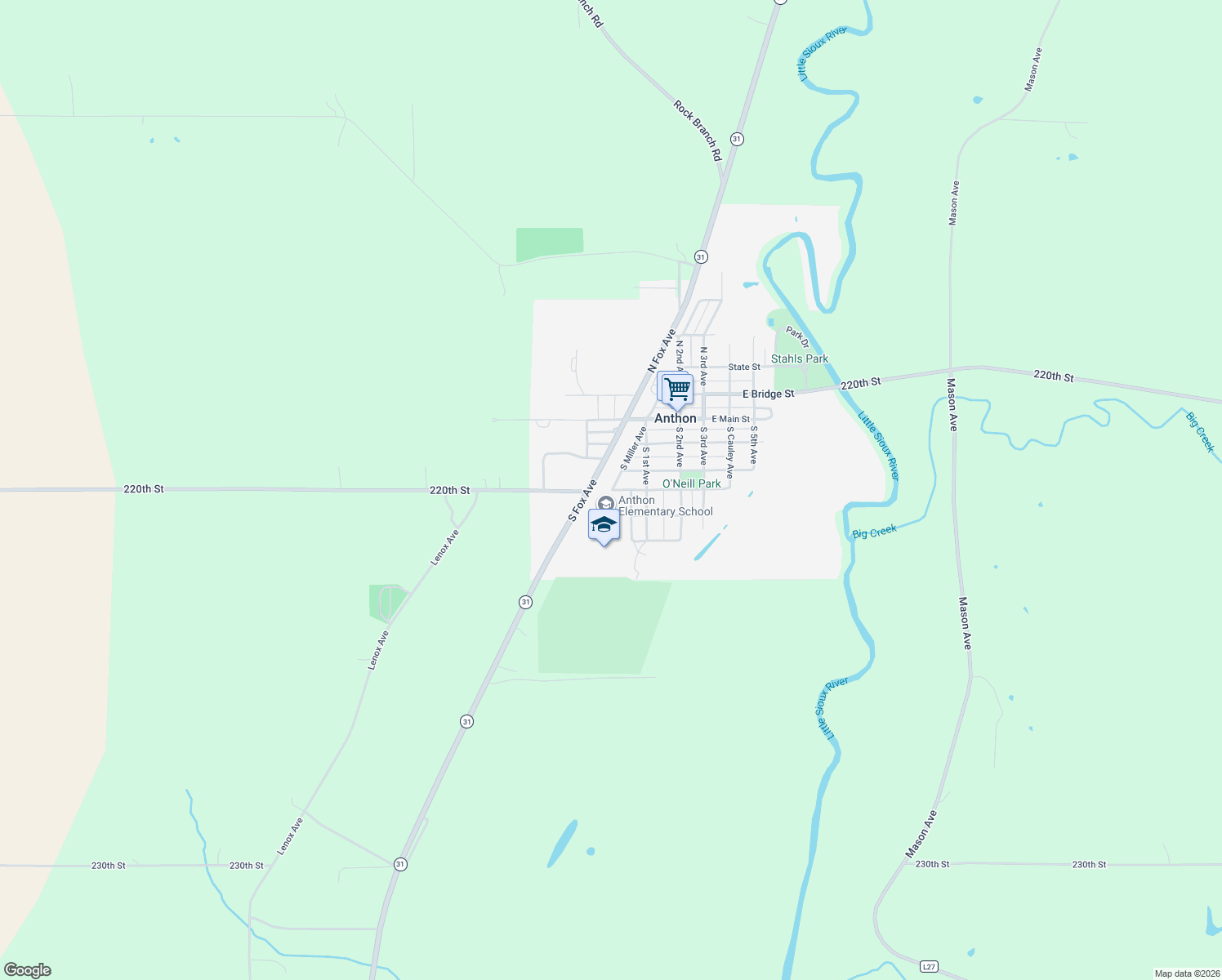 map of restaurants, bars, coffee shops, grocery stores, and more near 198 West Division Street in Anthon
