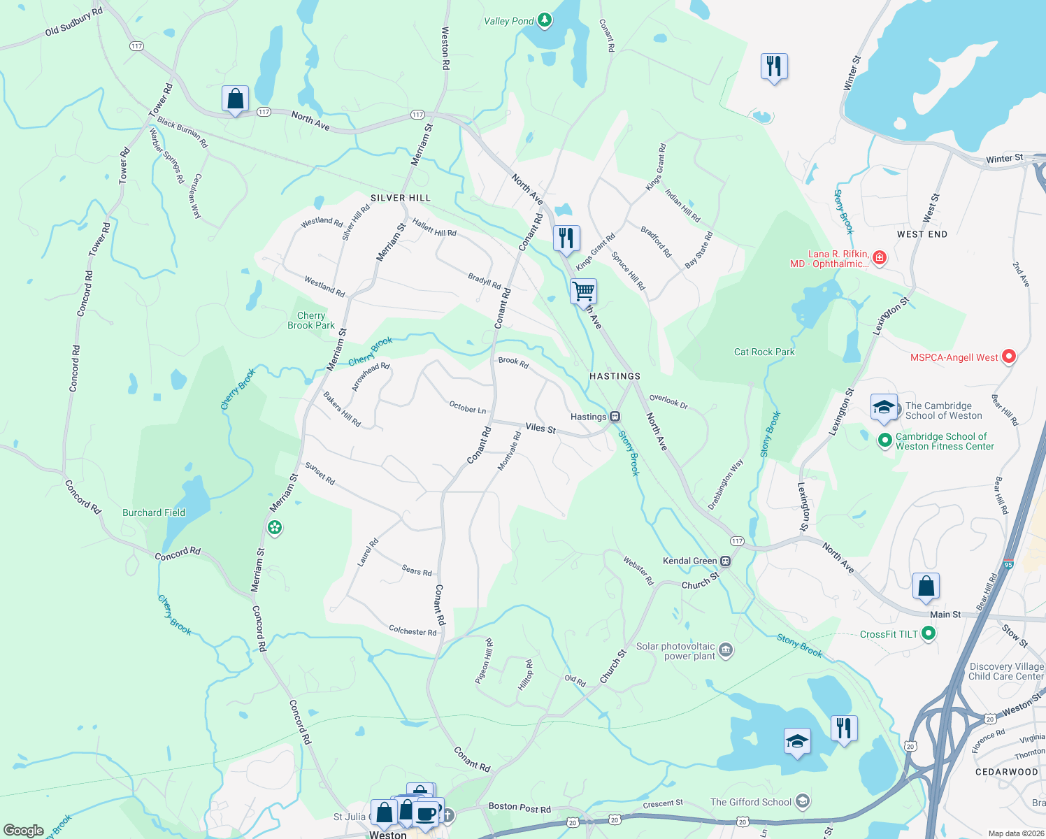 map of restaurants, bars, coffee shops, grocery stores, and more near 16 Viles Street in Weston
