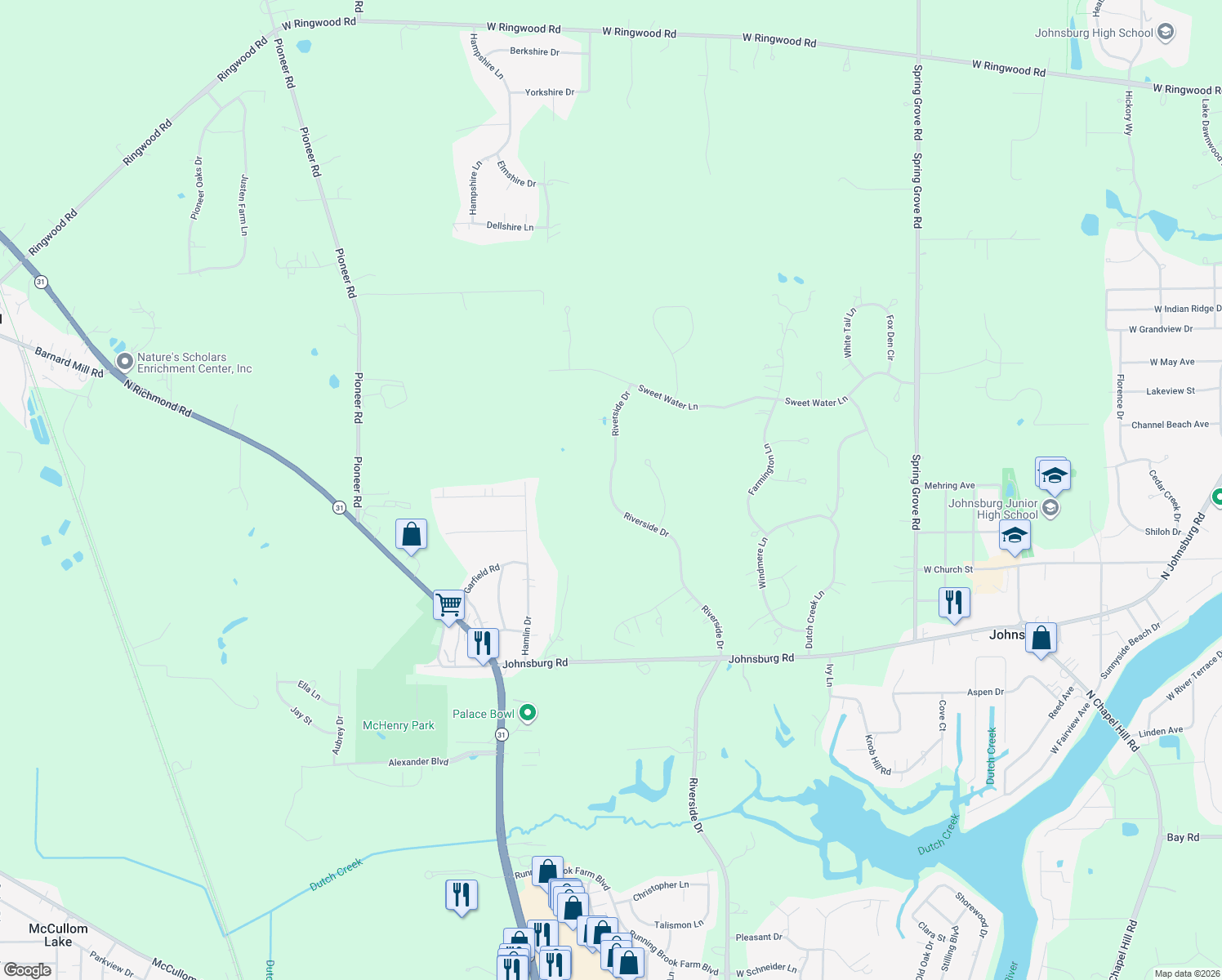 map of restaurants, bars, coffee shops, grocery stores, and more near 4006 Riverside Drive in Johnsburg