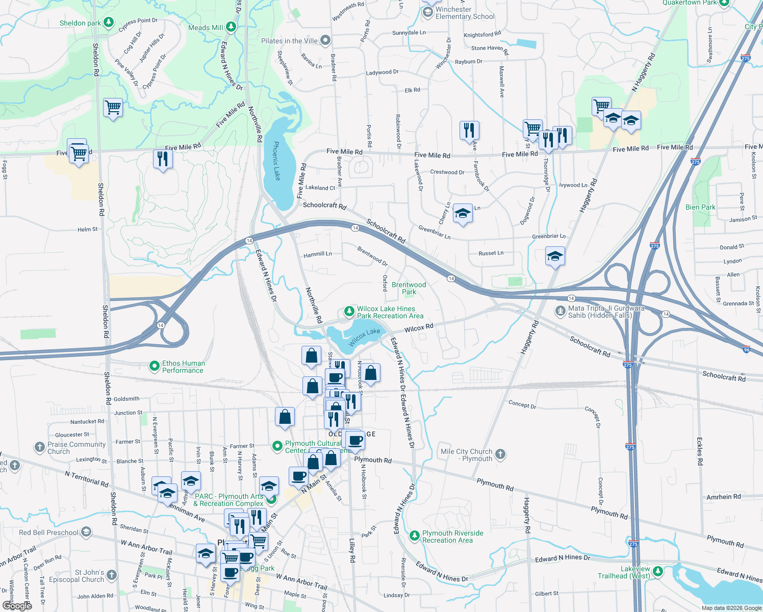map of restaurants, bars, coffee shops, grocery stores, and more near 42071 Clemons Drive in Plymouth