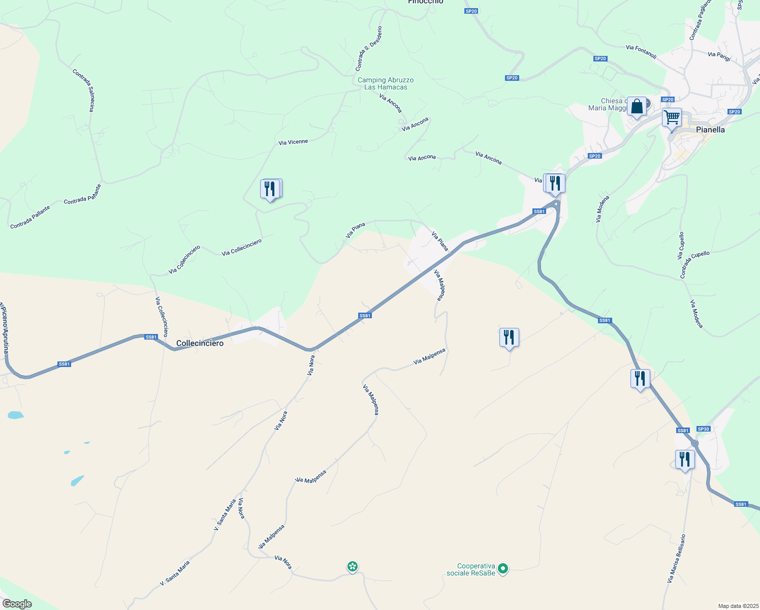 map of restaurants, bars, coffee shops, grocery stores, and more near 27 Contrada Velone in Provincia di Pescara