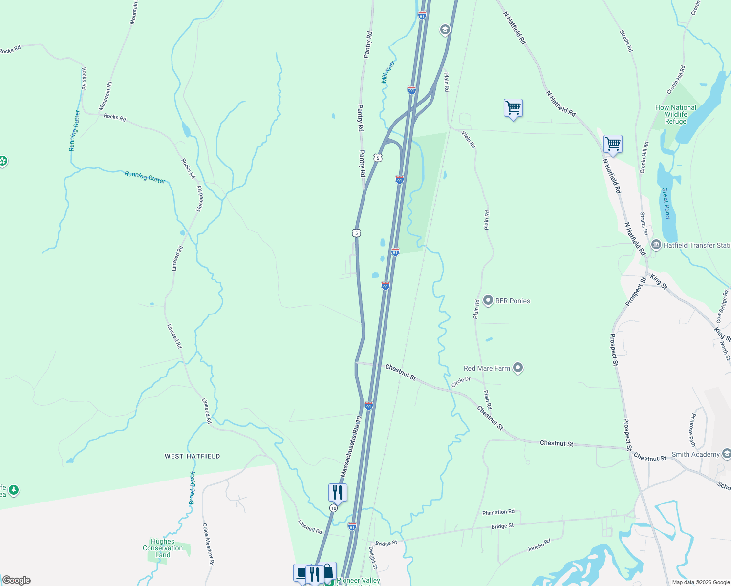 map of restaurants, bars, coffee shops, grocery stores, and more near 144 West Street in Hatfield