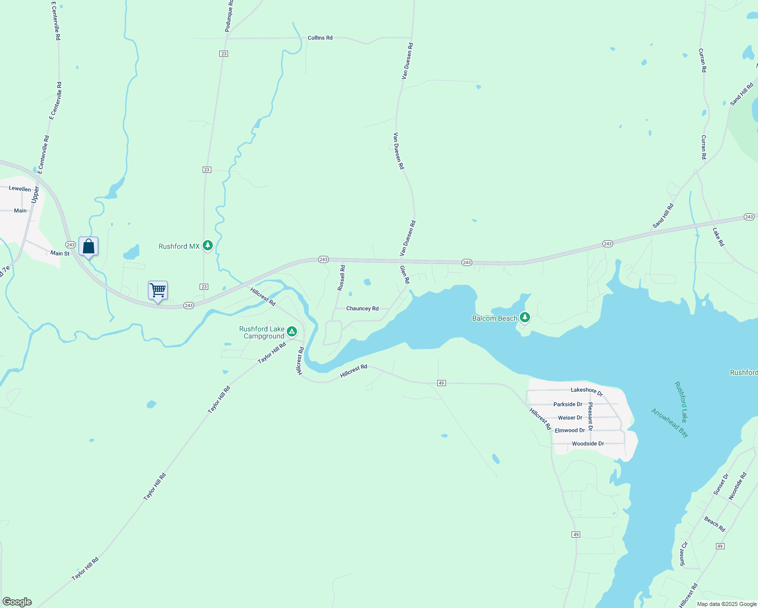 map of restaurants, bars, coffee shops, grocery stores, and more near 8510 Chauncey Road in Rushford