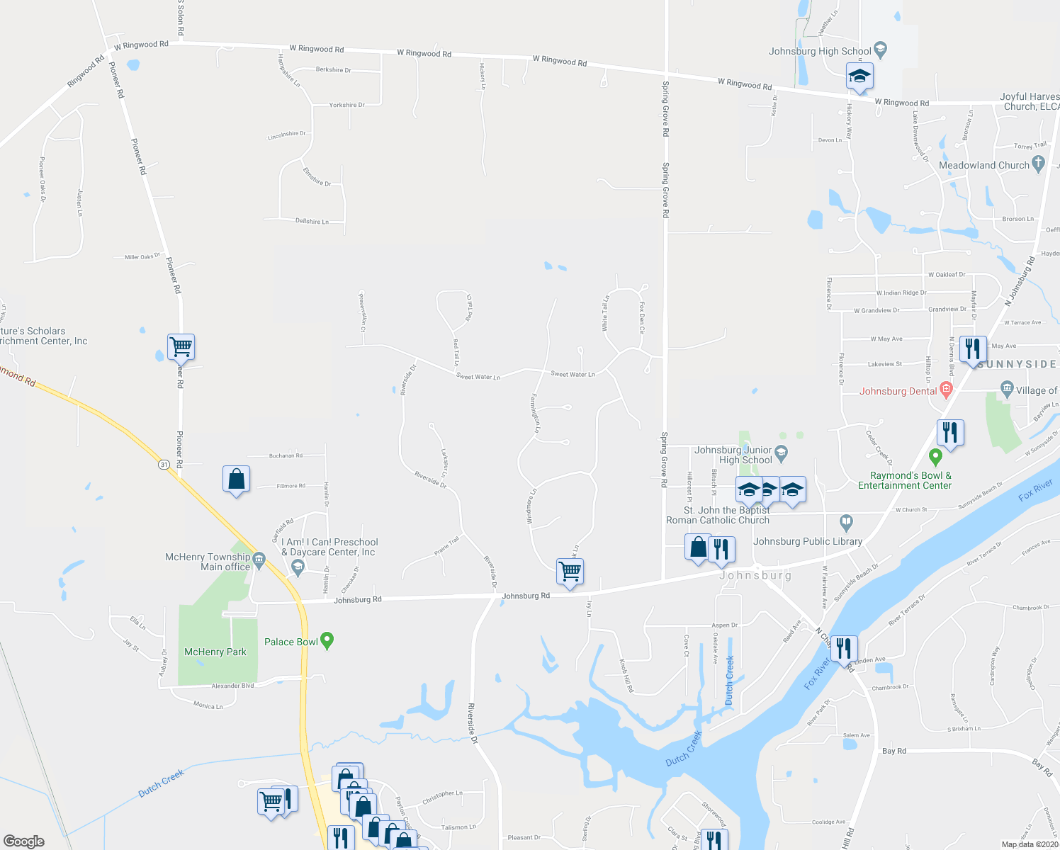 map of restaurants, bars, coffee shops, grocery stores, and more near 4103 Farmington Lane in Johnsburg