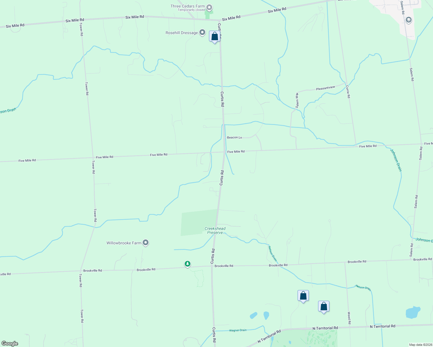 map of restaurants, bars, coffee shops, grocery stores, and more near 7155 Curtis Road in Northville