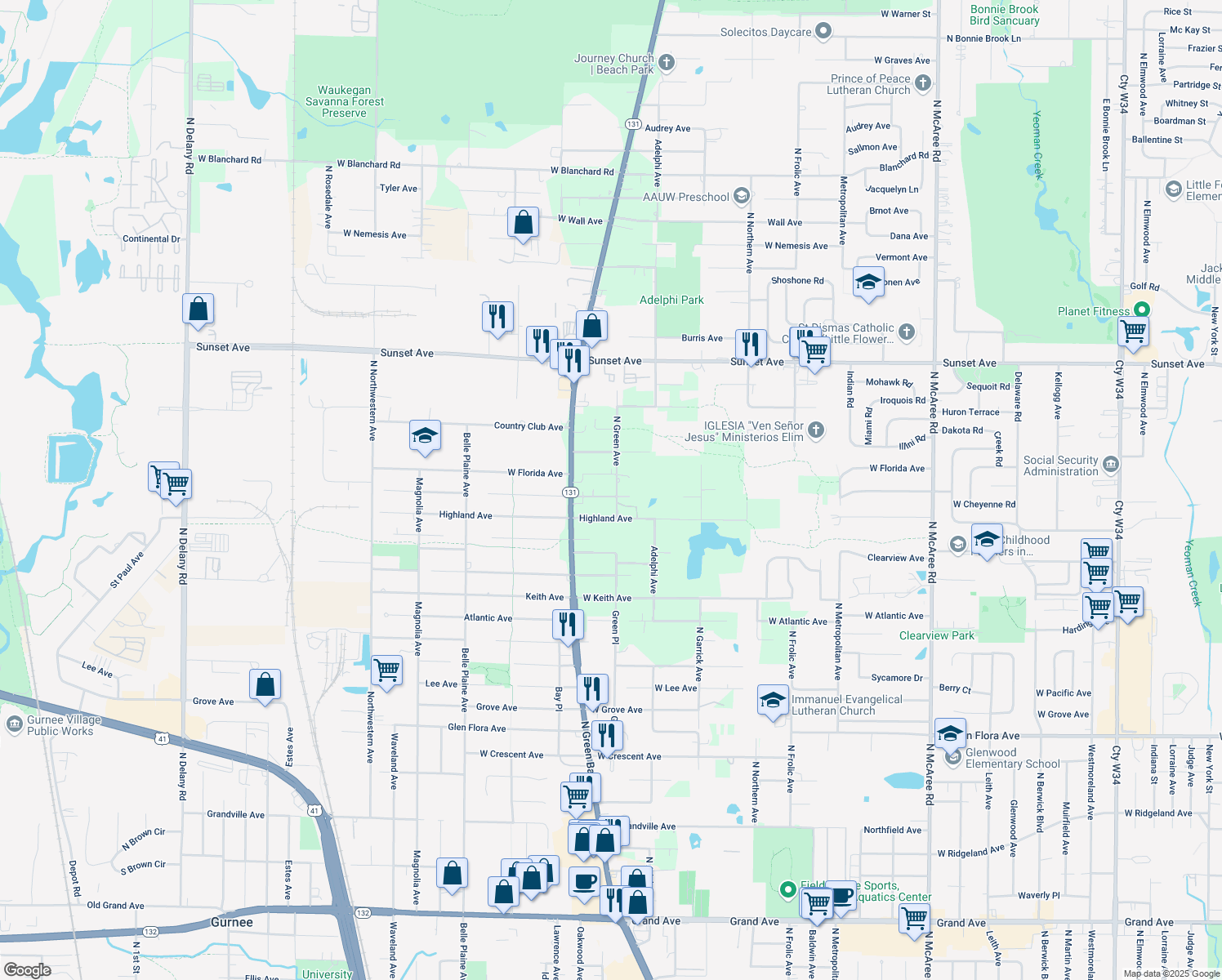 map of restaurants, bars, coffee shops, grocery stores, and more near 12870 West Cheyenne Road in Waukegan