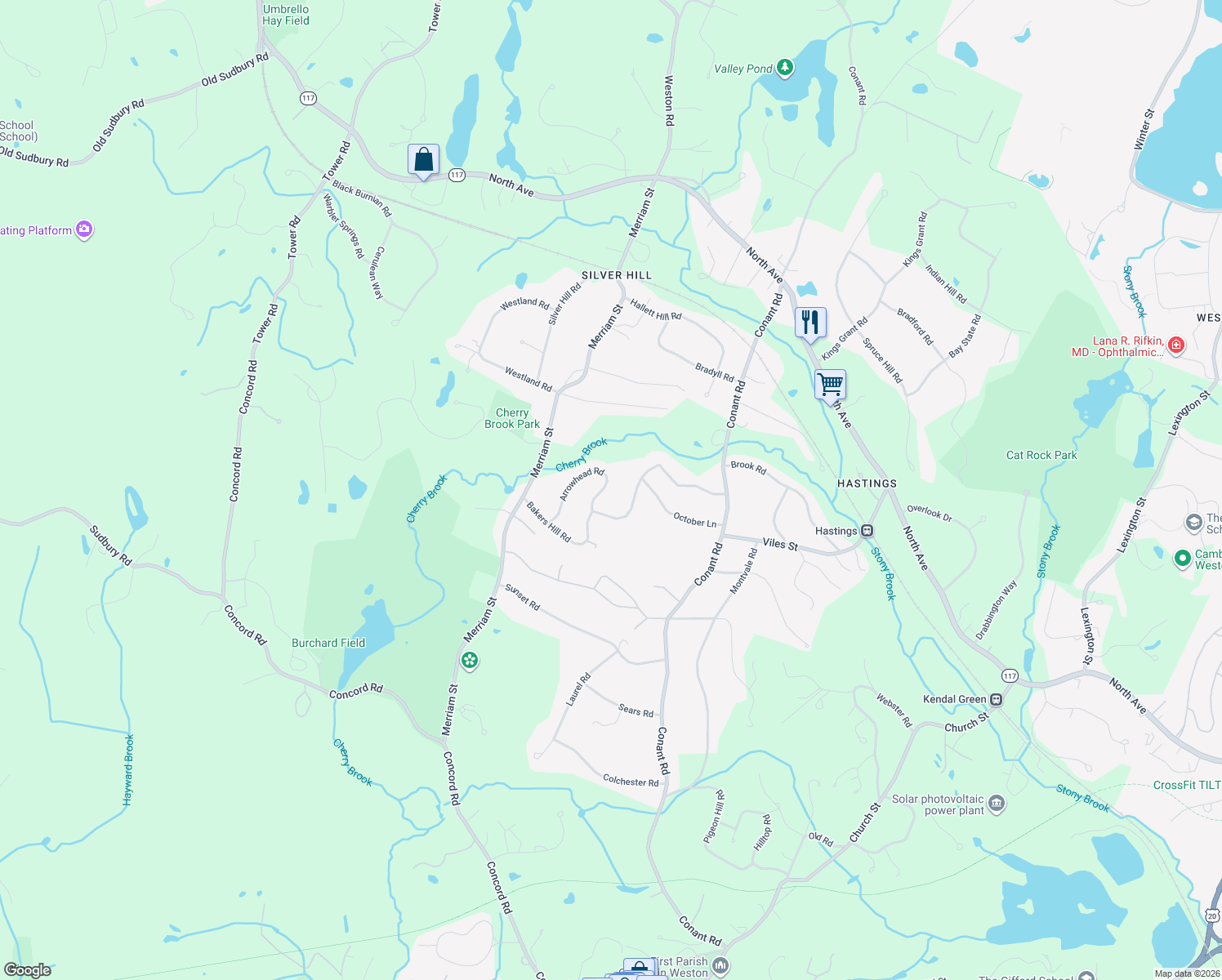 map of restaurants, bars, coffee shops, grocery stores, and more near 56 Arrowhead Road in Weston