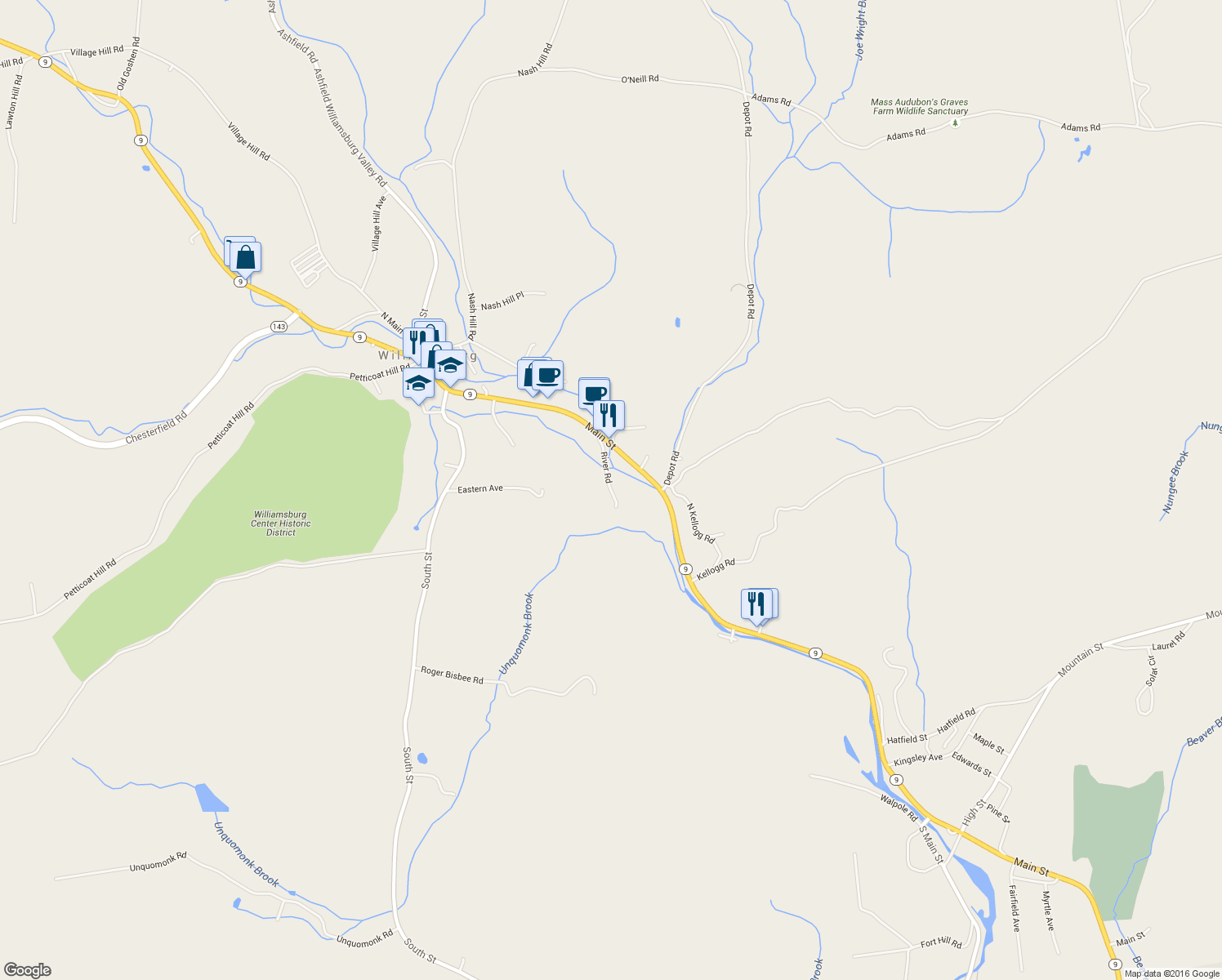 map of restaurants, bars, coffee shops, grocery stores, and more near 10 River Rd in Williamsburg
