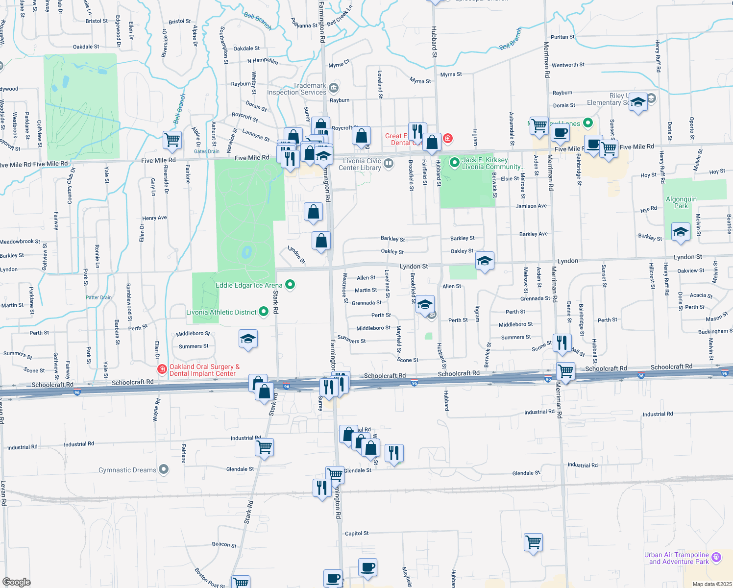 map of restaurants, bars, coffee shops, grocery stores, and more near 33039 Martin St in Livonia