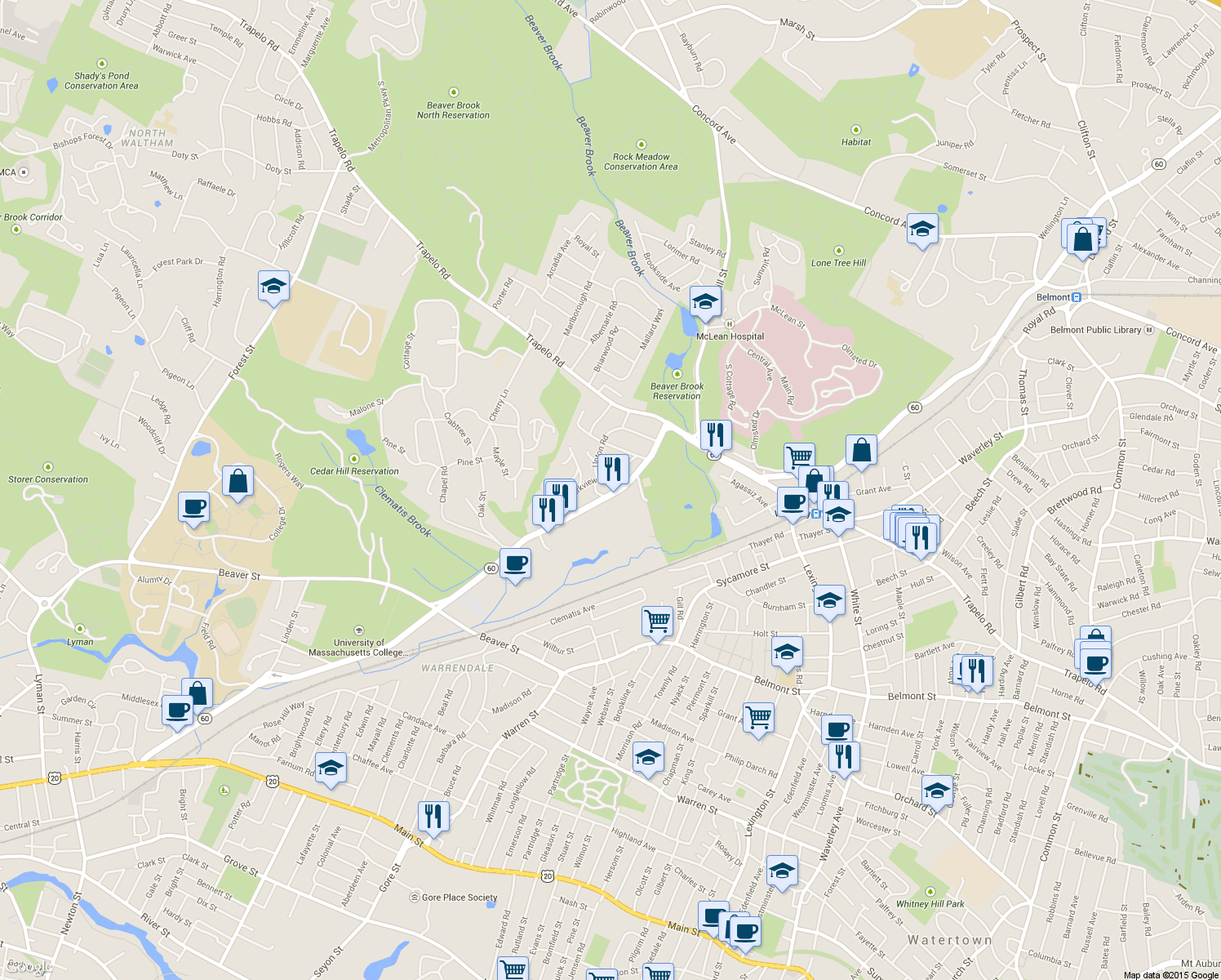 map of restaurants, bars, coffee shops, grocery stores, and more near 460 Waverley Oaks Road in Waltham