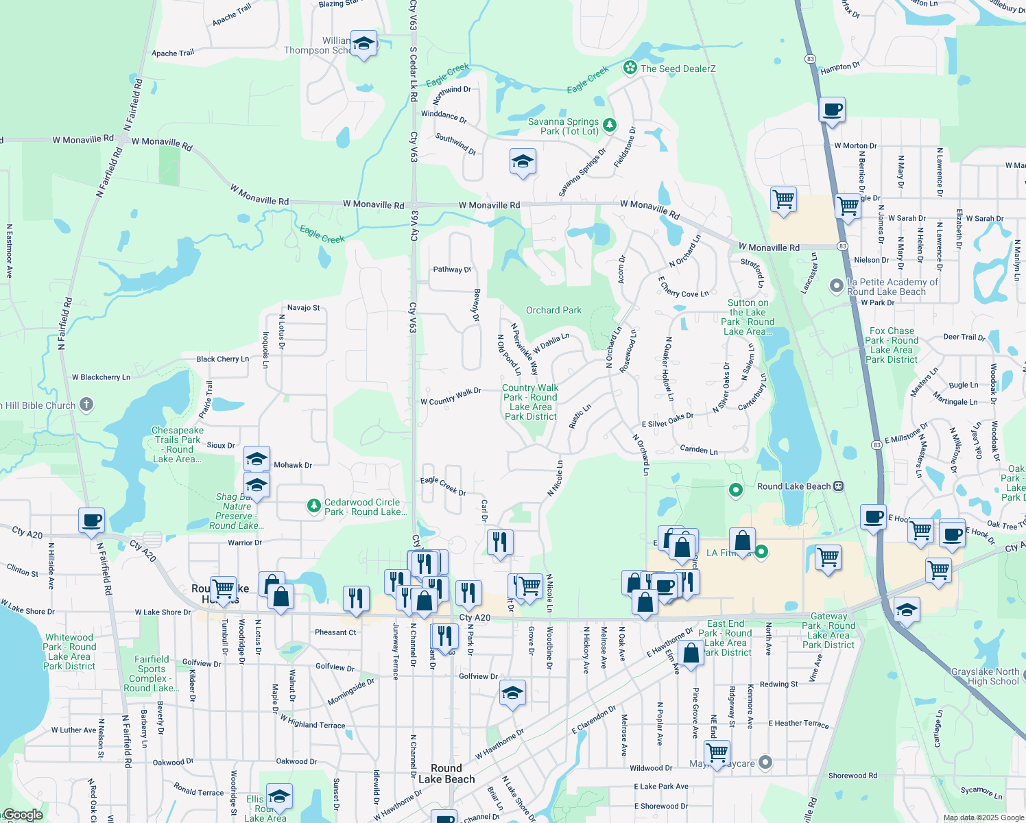 map of restaurants, bars, coffee shops, grocery stores, and more near 2228 North Old Pond Court in Round Lake Beach