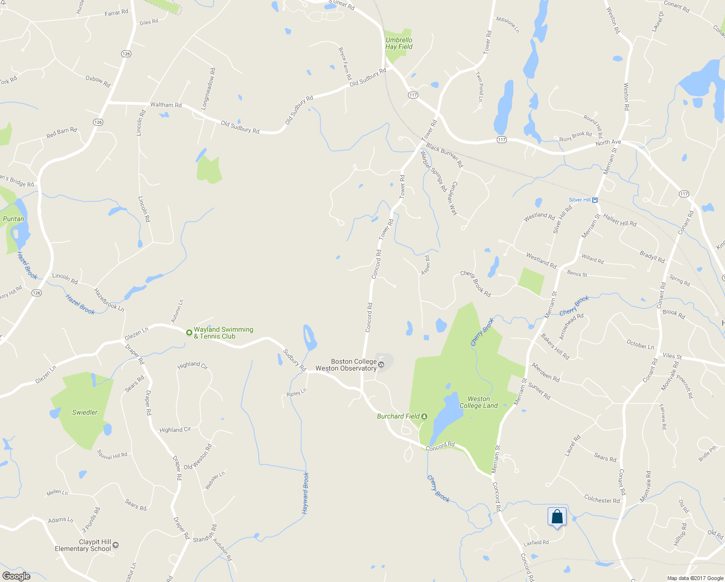 map of restaurants, bars, coffee shops, grocery stores, and more near 448 Concord Road in Weston