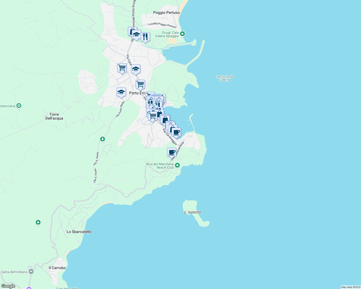 map of restaurants, bars, coffee shops, grocery stores, and more near 1 Via Caravaggio in Porto Ercole