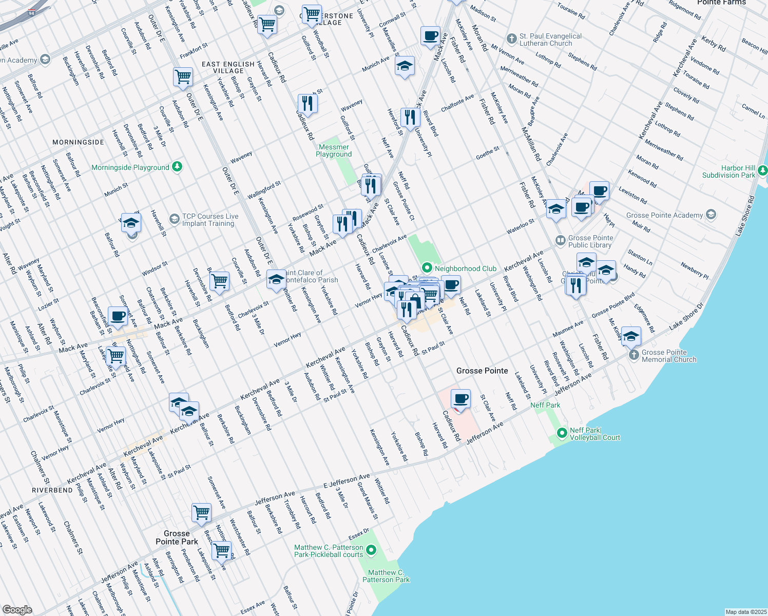 map of restaurants, bars, coffee shops, grocery stores, and more near 1238 Harvard Rd in Grosse Pointe