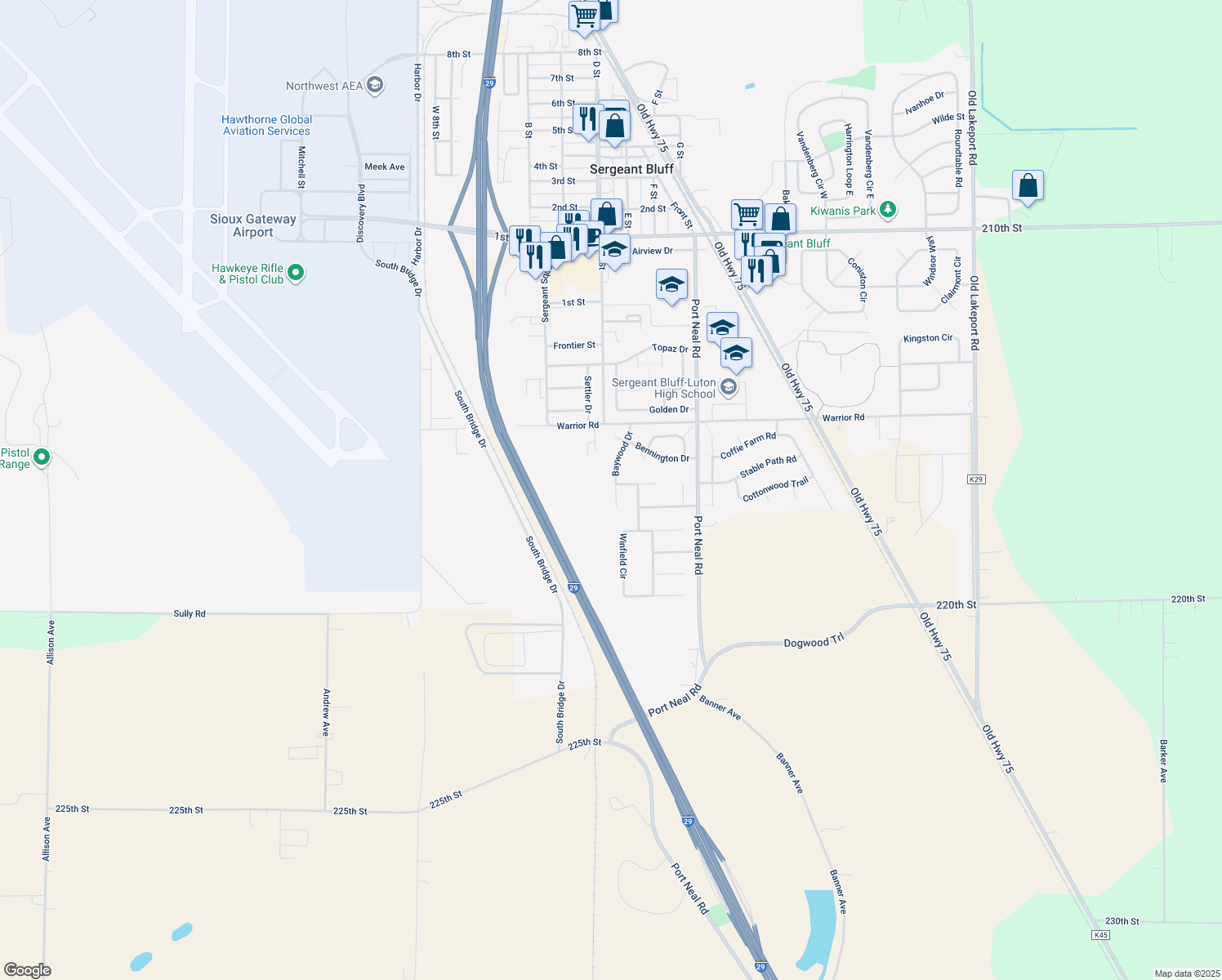 map of restaurants, bars, coffee shops, grocery stores, and more near 501 Baywood Court in Sergeant Bluff