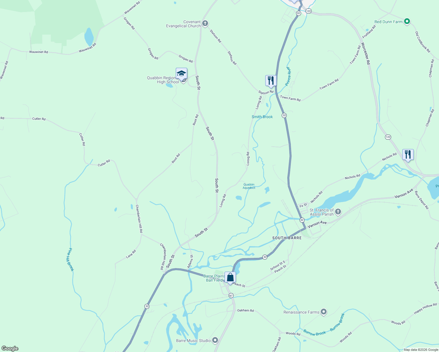 map of restaurants, bars, coffee shops, grocery stores, and more near 1227 South Street in Barre