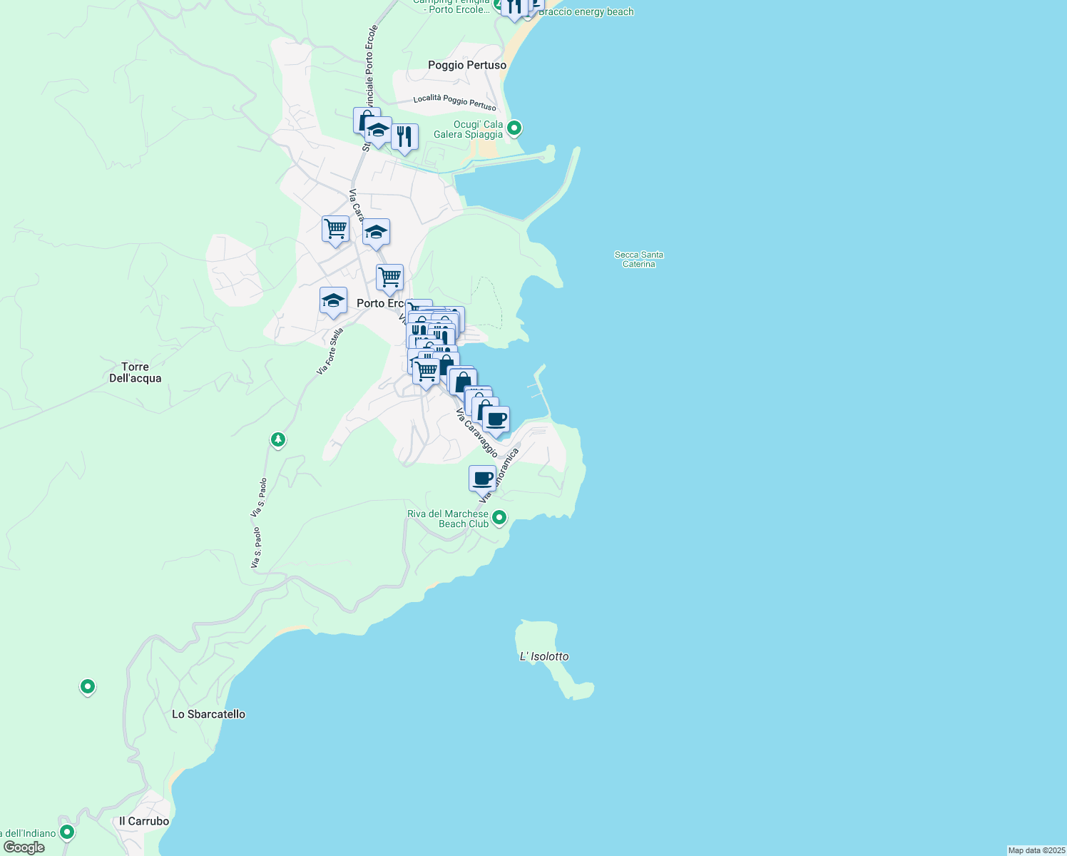 map of restaurants, bars, coffee shops, grocery stores, and more near 2 Piazza San Barbara in Porto Ercole