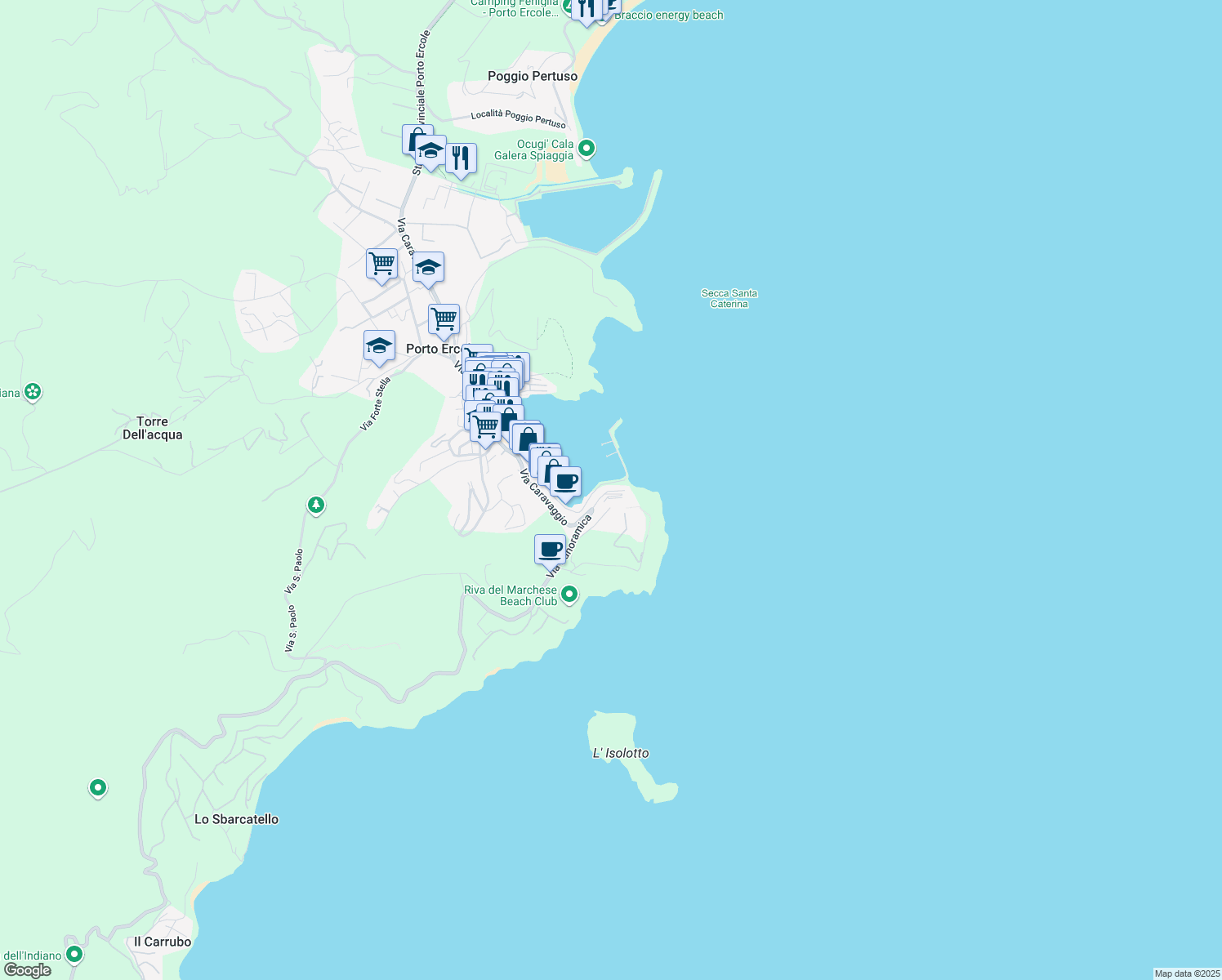 map of restaurants, bars, coffee shops, grocery stores, and more near 2 Piazza San Barbara in Porto Ercole
