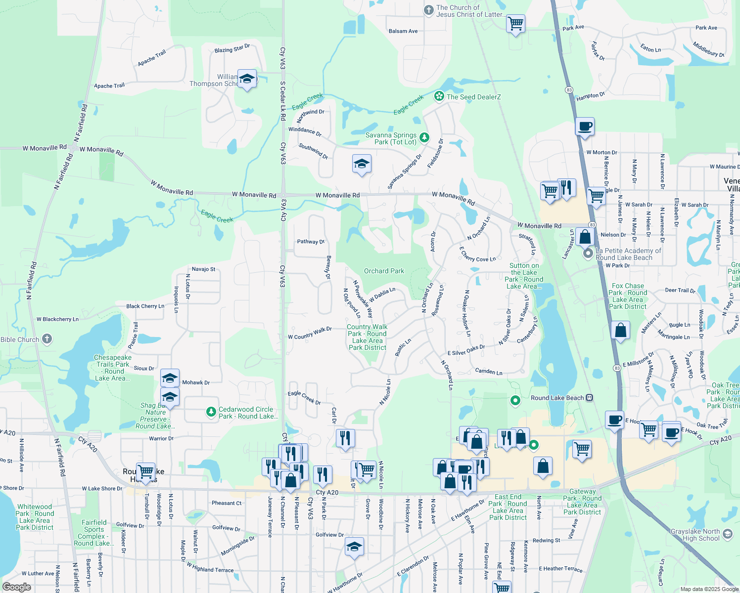 map of restaurants, bars, coffee shops, grocery stores, and more near 84 West Dahlia Lane in Round Lake Beach
