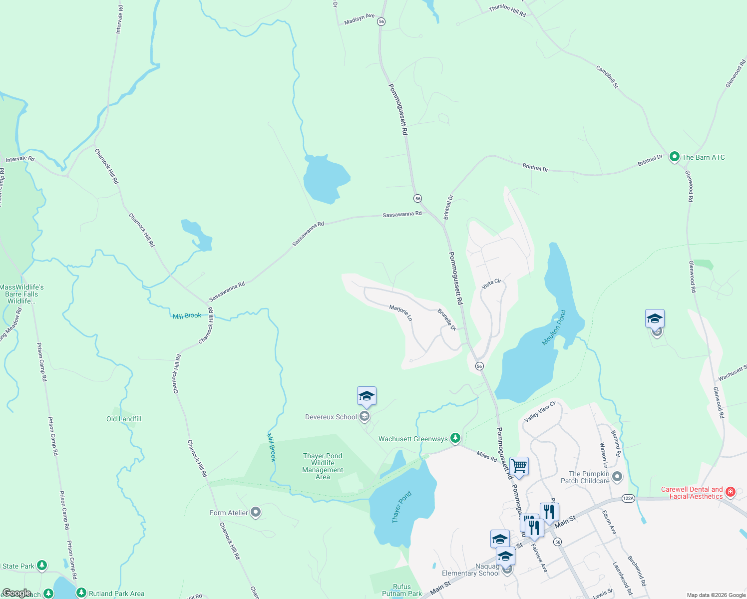 map of restaurants, bars, coffee shops, grocery stores, and more near 32 Marjorie Lane in Rutland