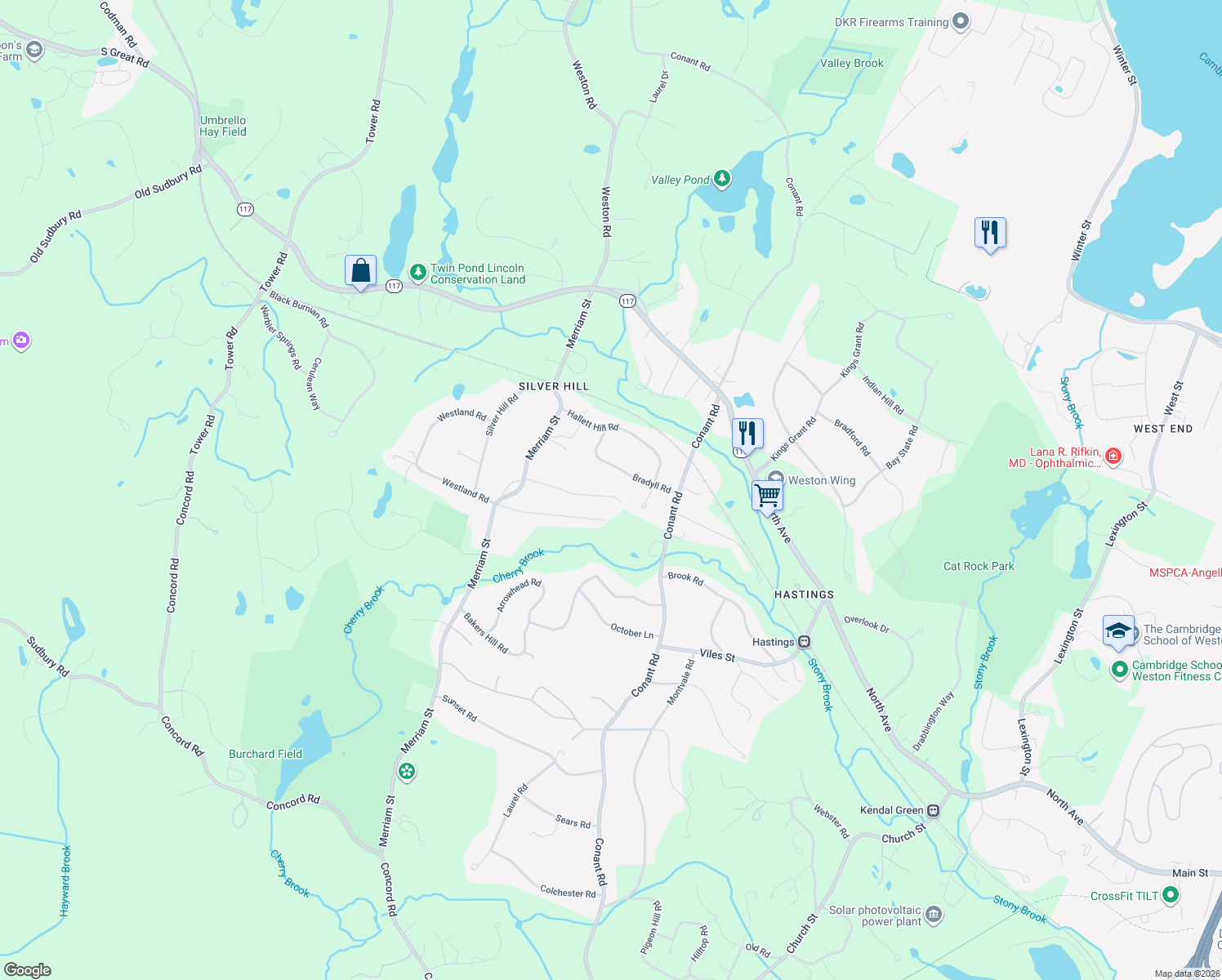 map of restaurants, bars, coffee shops, grocery stores, and more near 46 Willard Road in Weston