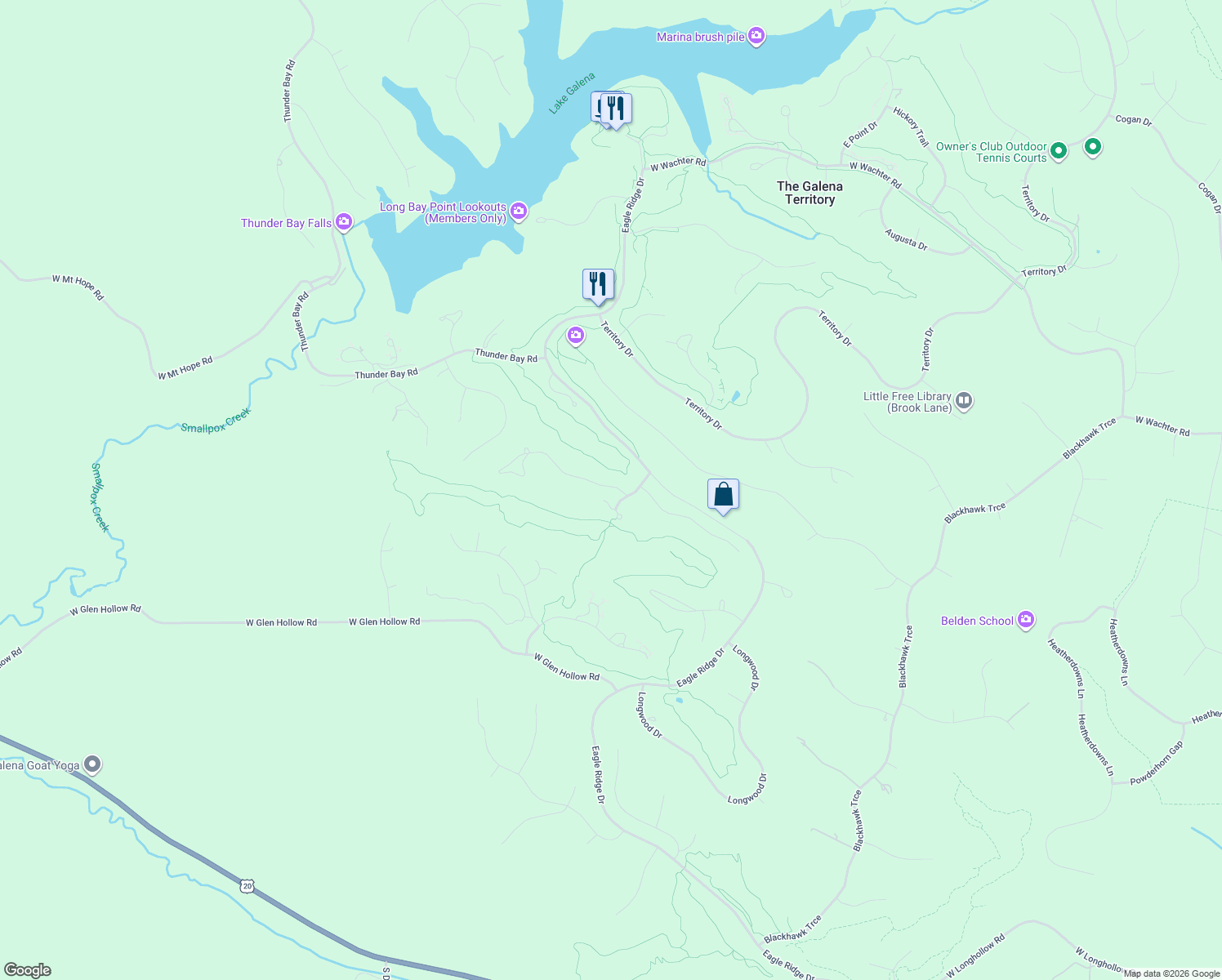 map of restaurants, bars, coffee shops, grocery stores, and more near 19 Oak Glen Drive in Galena