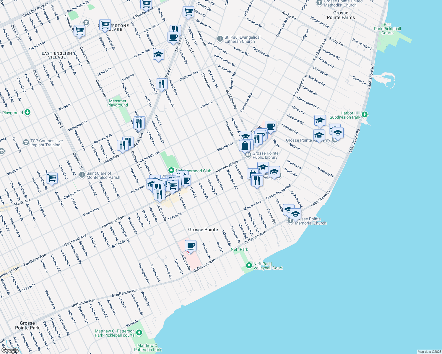 map of restaurants, bars, coffee shops, grocery stores, and more near 534 Rivard Boulevard in Grosse Pointe