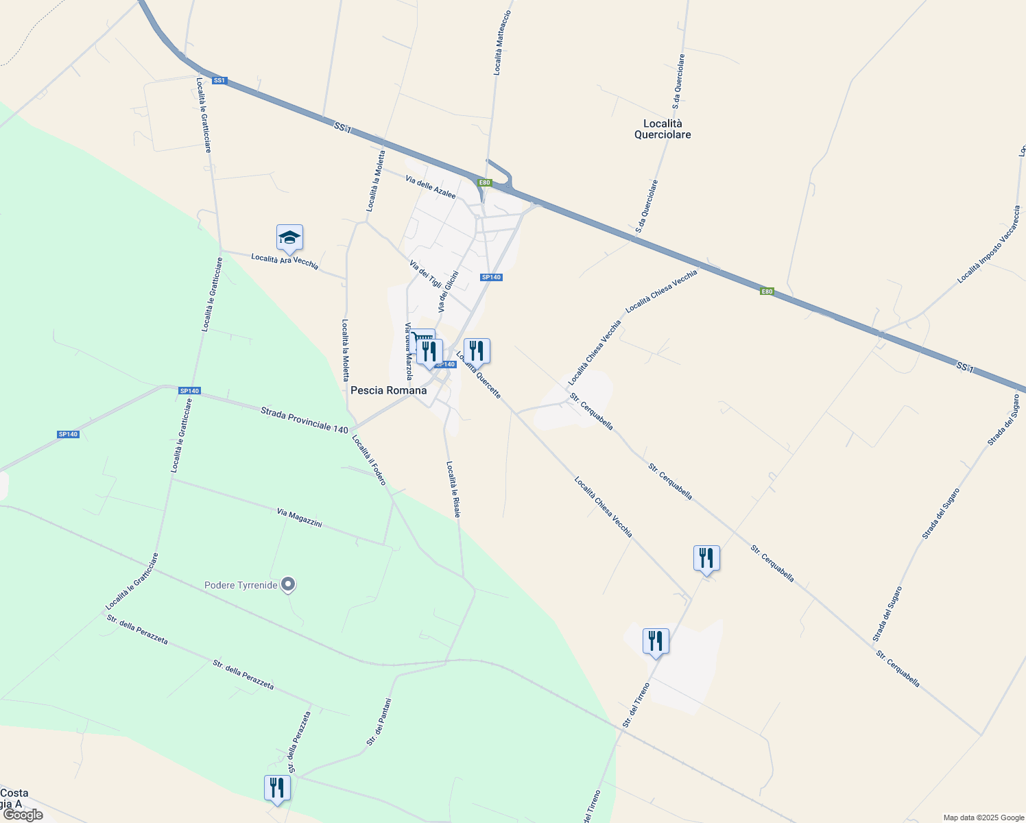 map of restaurants, bars, coffee shops, grocery stores, and more near 1 Localitấ Quercette in Provincia di Viterbo