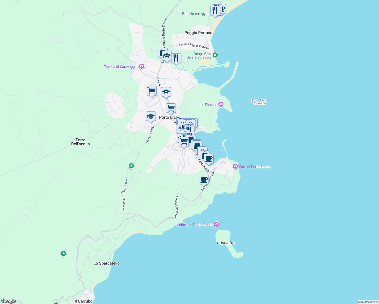 map of restaurants, bars, coffee shops, grocery stores, and more near 22 Lungomare Andrea Doria in Porto Ercole