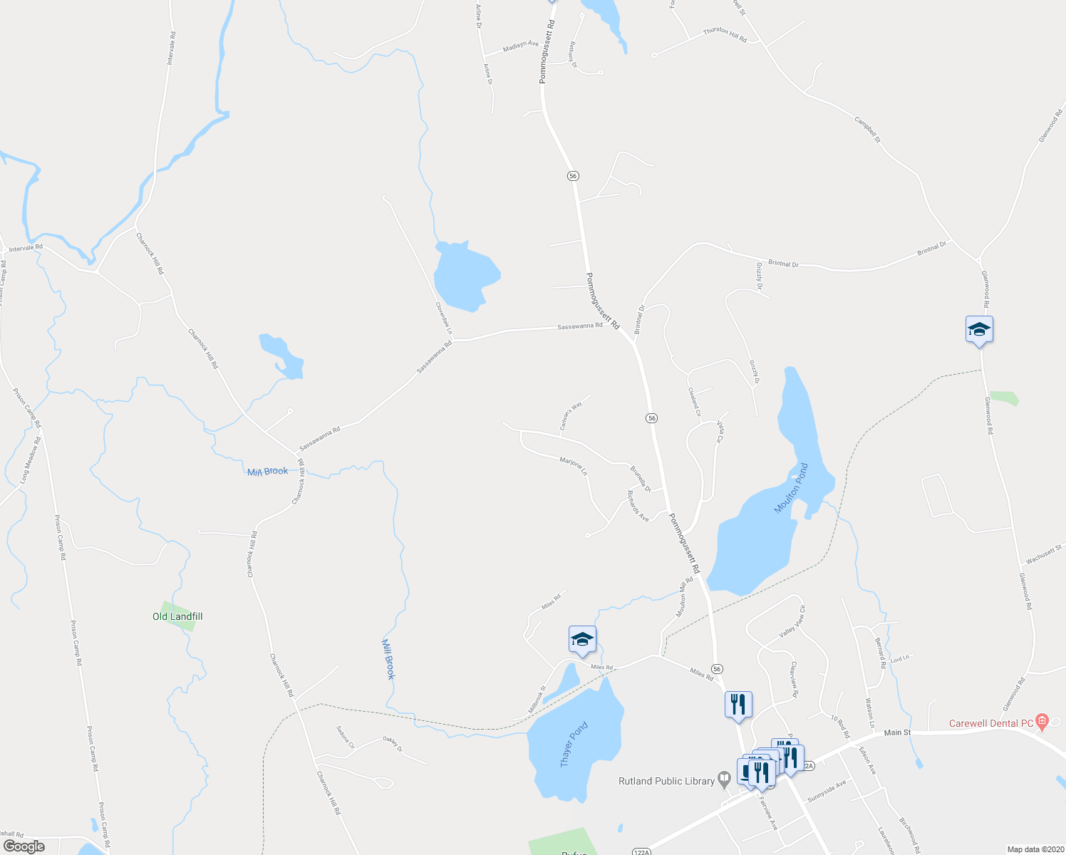 map of restaurants, bars, coffee shops, grocery stores, and more near 42 Brunelle Drive in Rutland