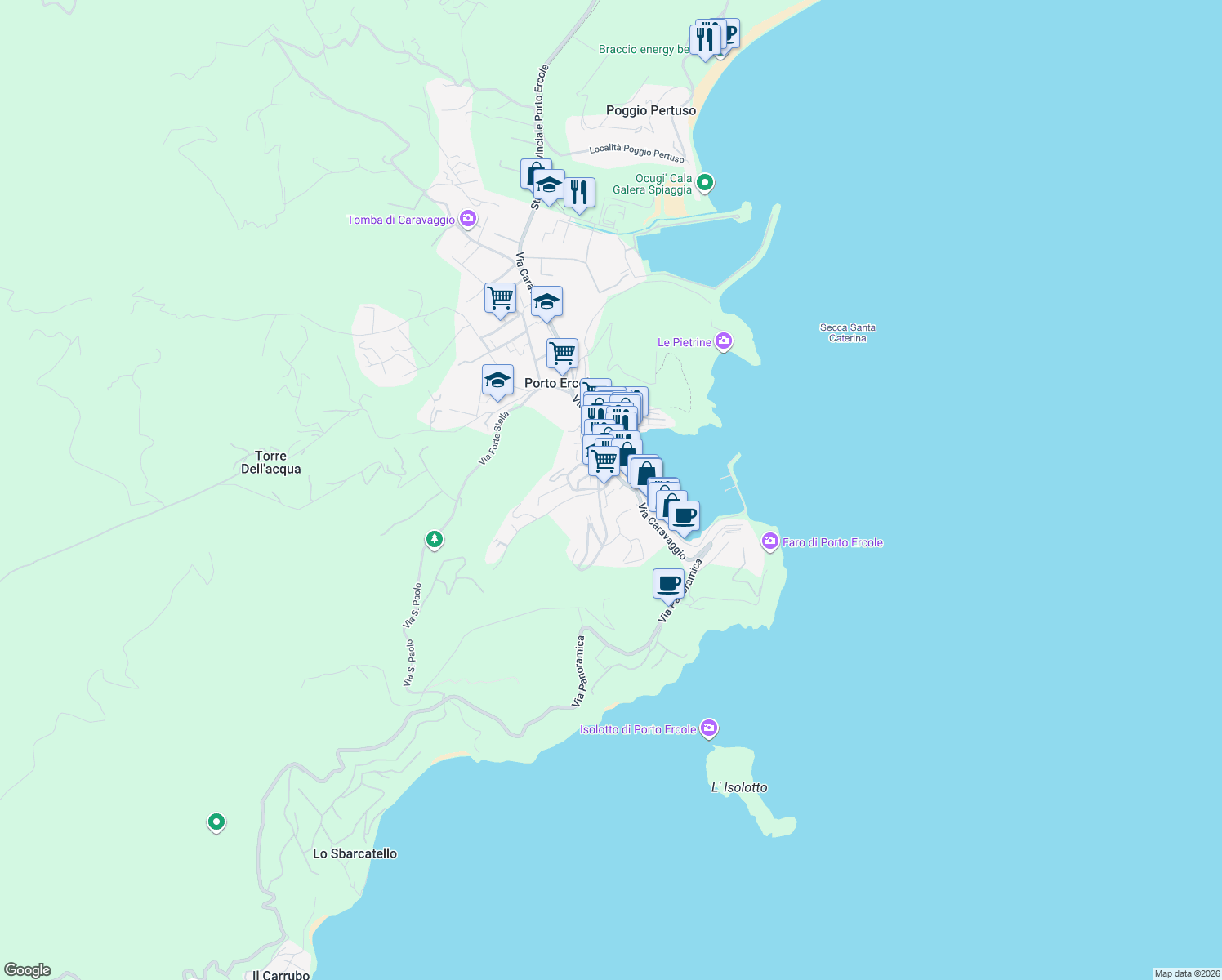 map of restaurants, bars, coffee shops, grocery stores, and more near 31 Via delle Buche in Porto Ercole