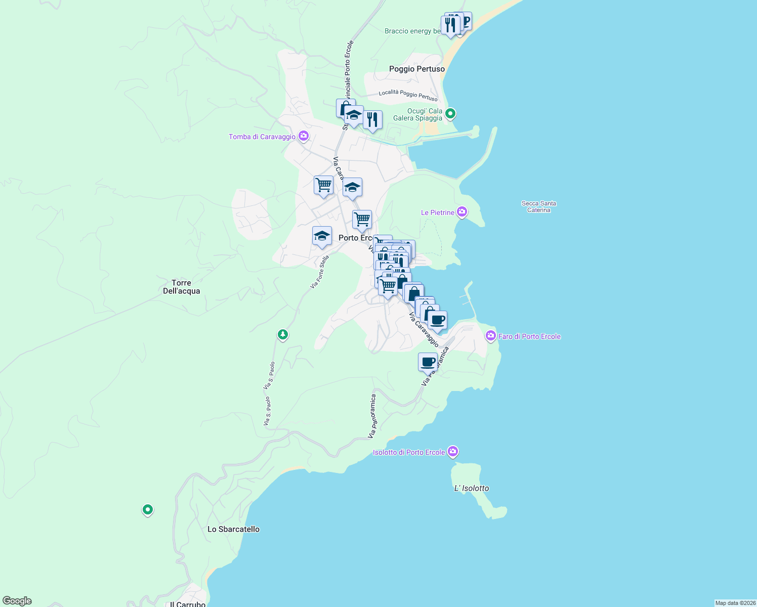 map of restaurants, bars, coffee shops, grocery stores, and more near 31 Via delle Buche in Porto Ercole