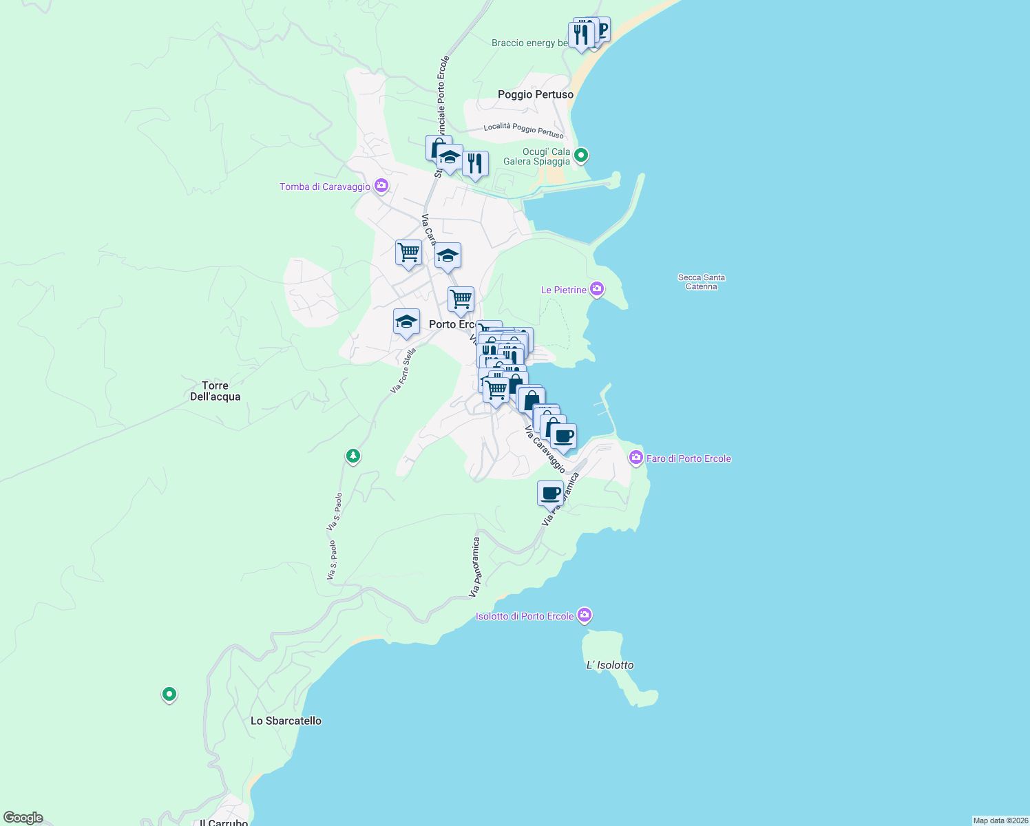 map of restaurants, bars, coffee shops, grocery stores, and more near 22 Lungomare Andrea Doria in Porto Ercole