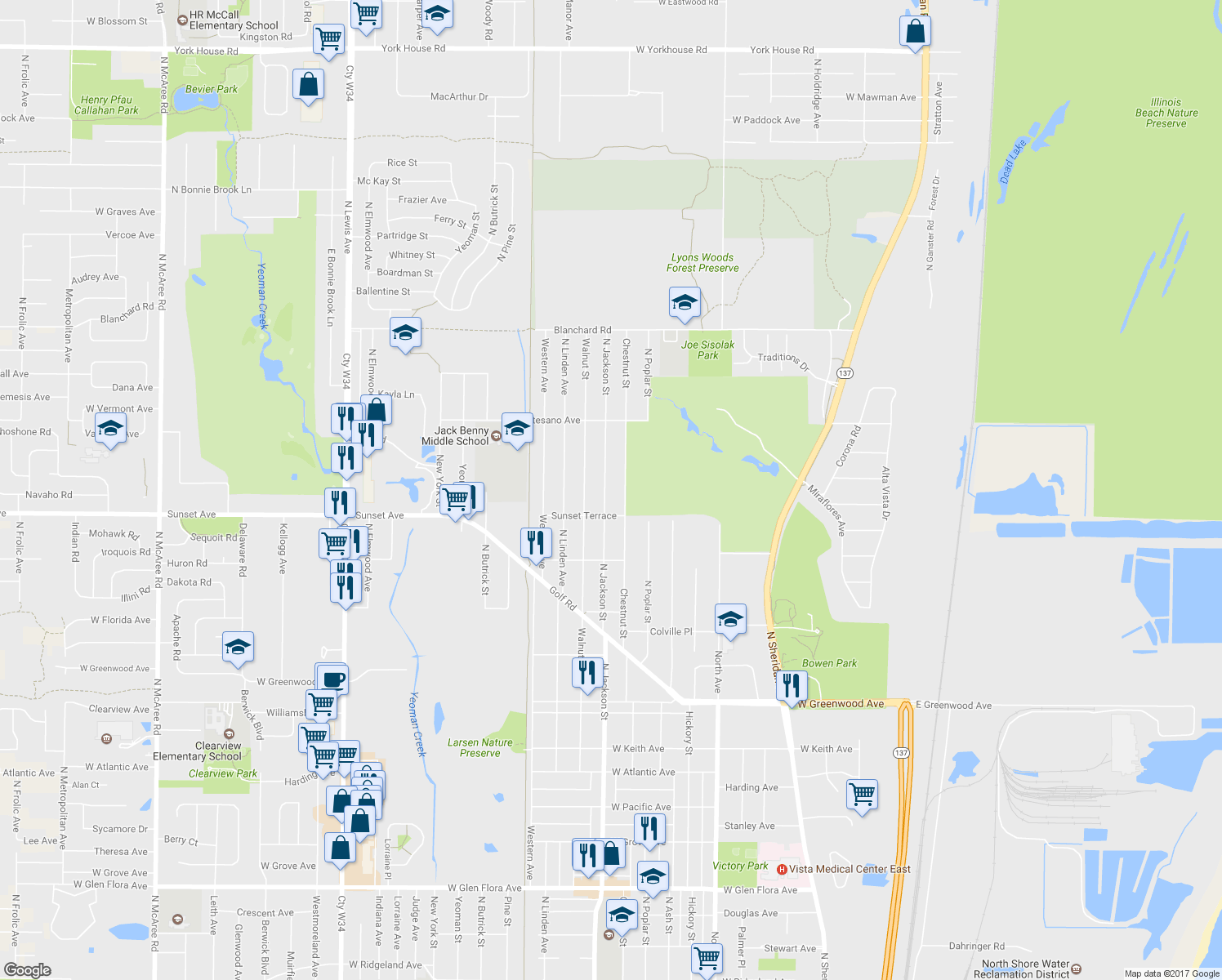 map of restaurants, bars, coffee shops, grocery stores, and more near 2227 North Jackson Street in Waukegan