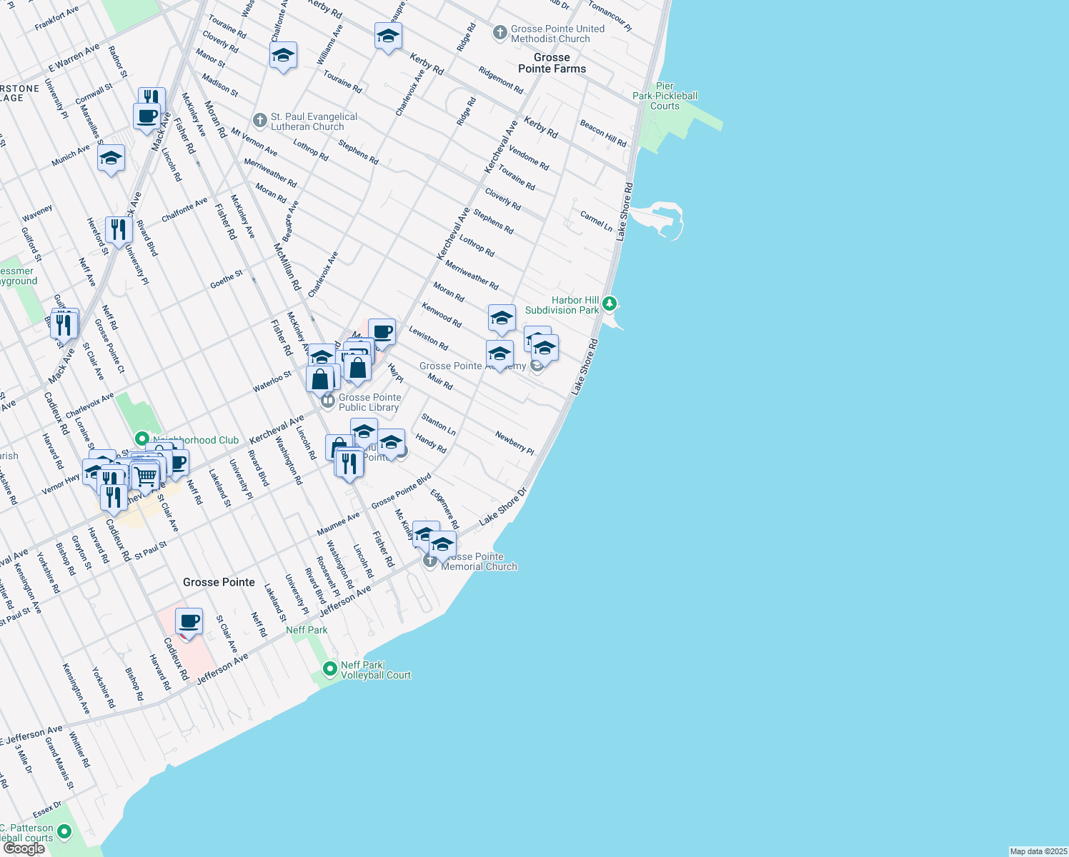 map of restaurants, bars, coffee shops, grocery stores, and more near 30 Briarwood Place in Grosse Pointe Farms