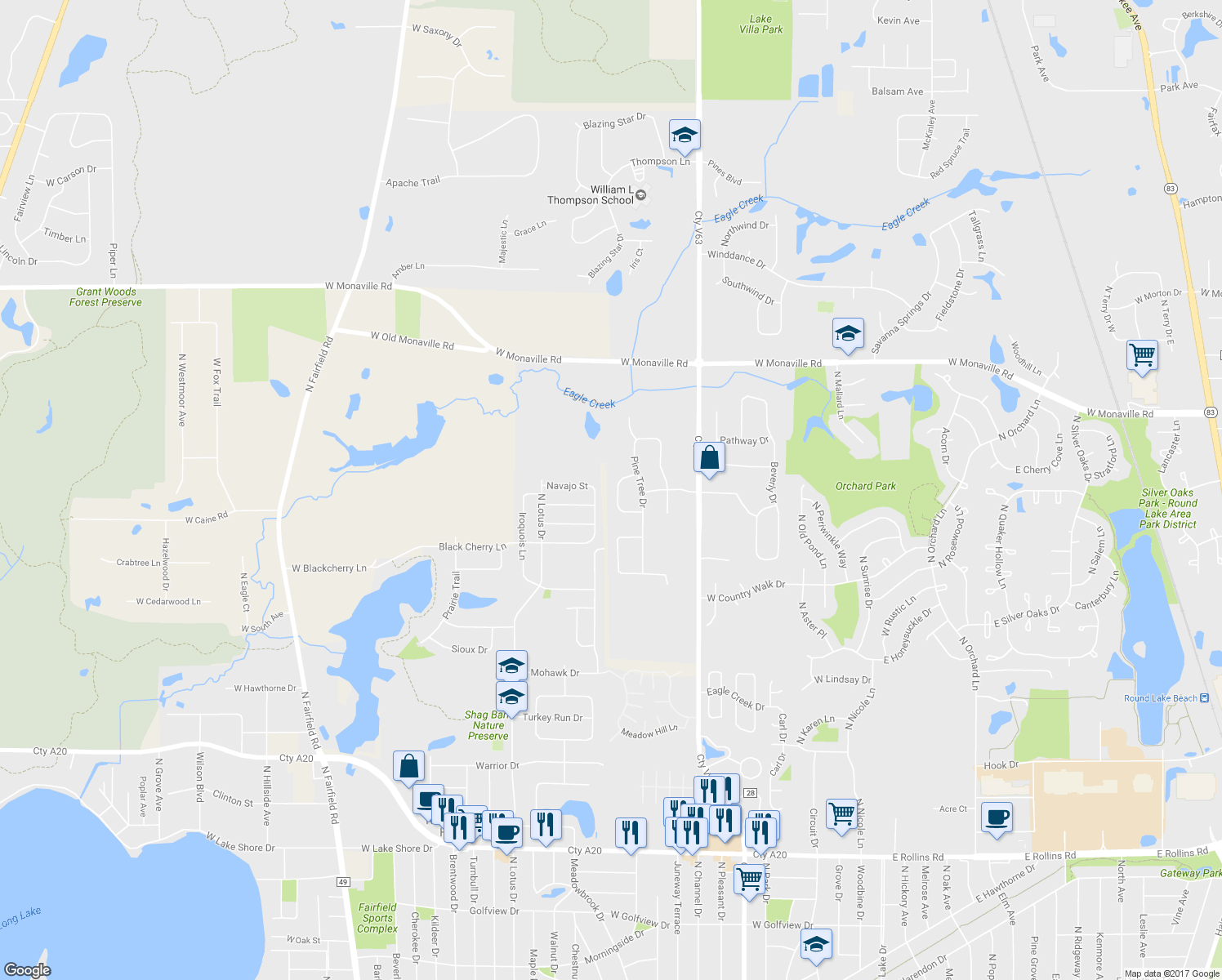 map of restaurants, bars, coffee shops, grocery stores, and more near 421 Cyprus Circle in Lake Villa