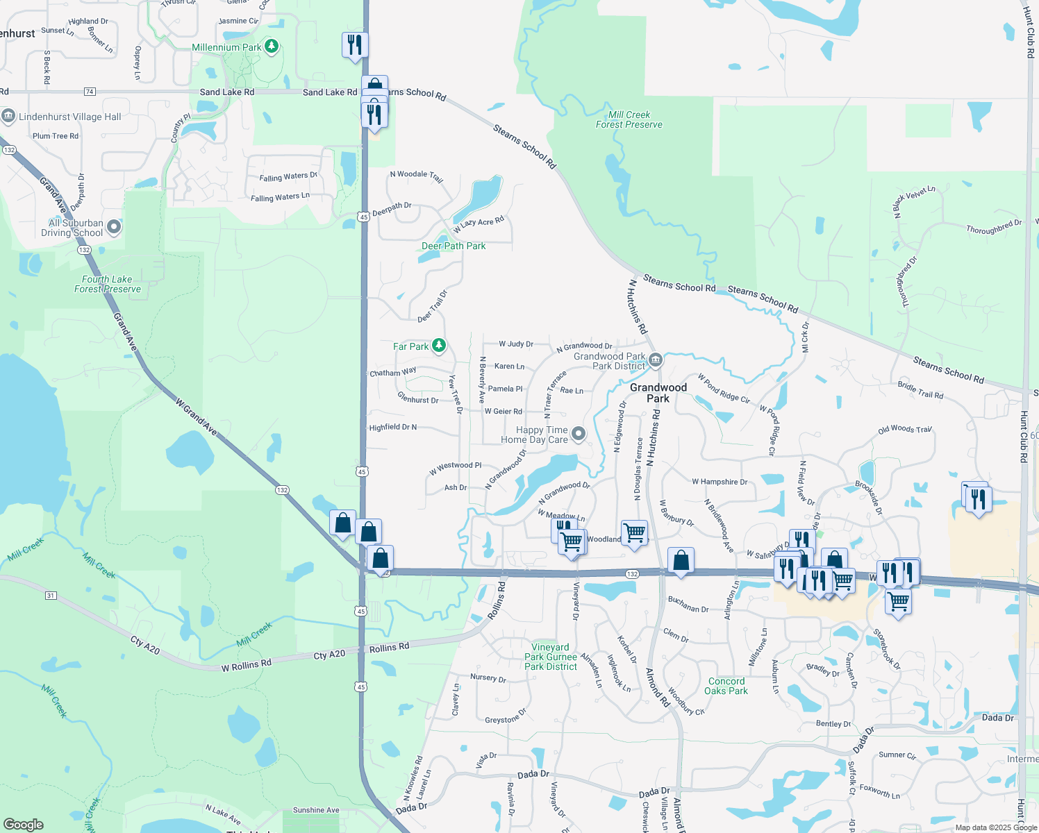 map of restaurants, bars, coffee shops, grocery stores, and more near 18583 West Geier Road in Gurnee