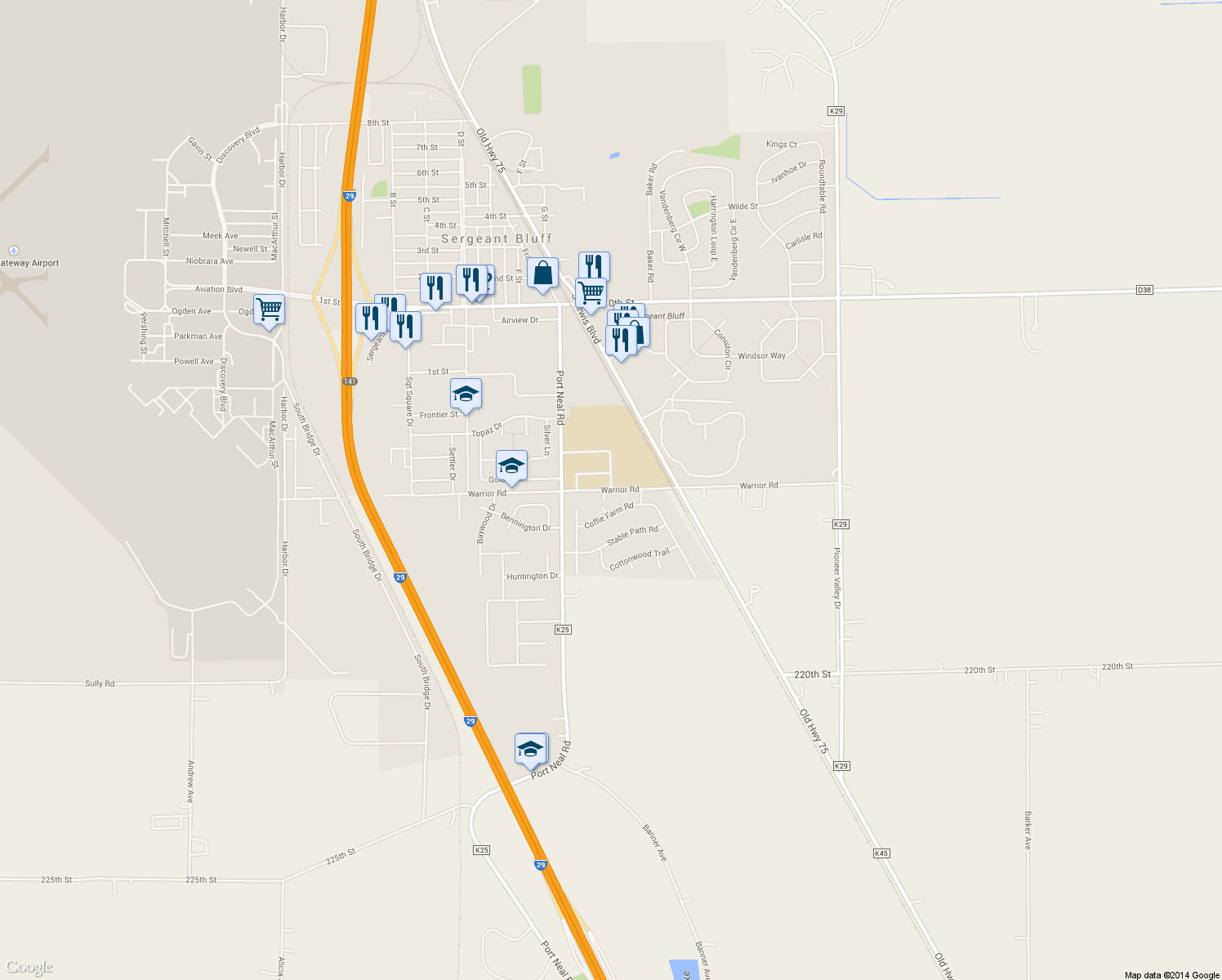map of restaurants, bars, coffee shops, grocery stores, and more near Warrior Rd in Sergeant Bluff