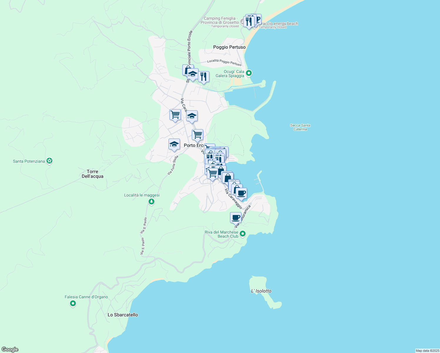 map of restaurants, bars, coffee shops, grocery stores, and more near 22 Lungomare Andrea Doria in Porto Ercole
